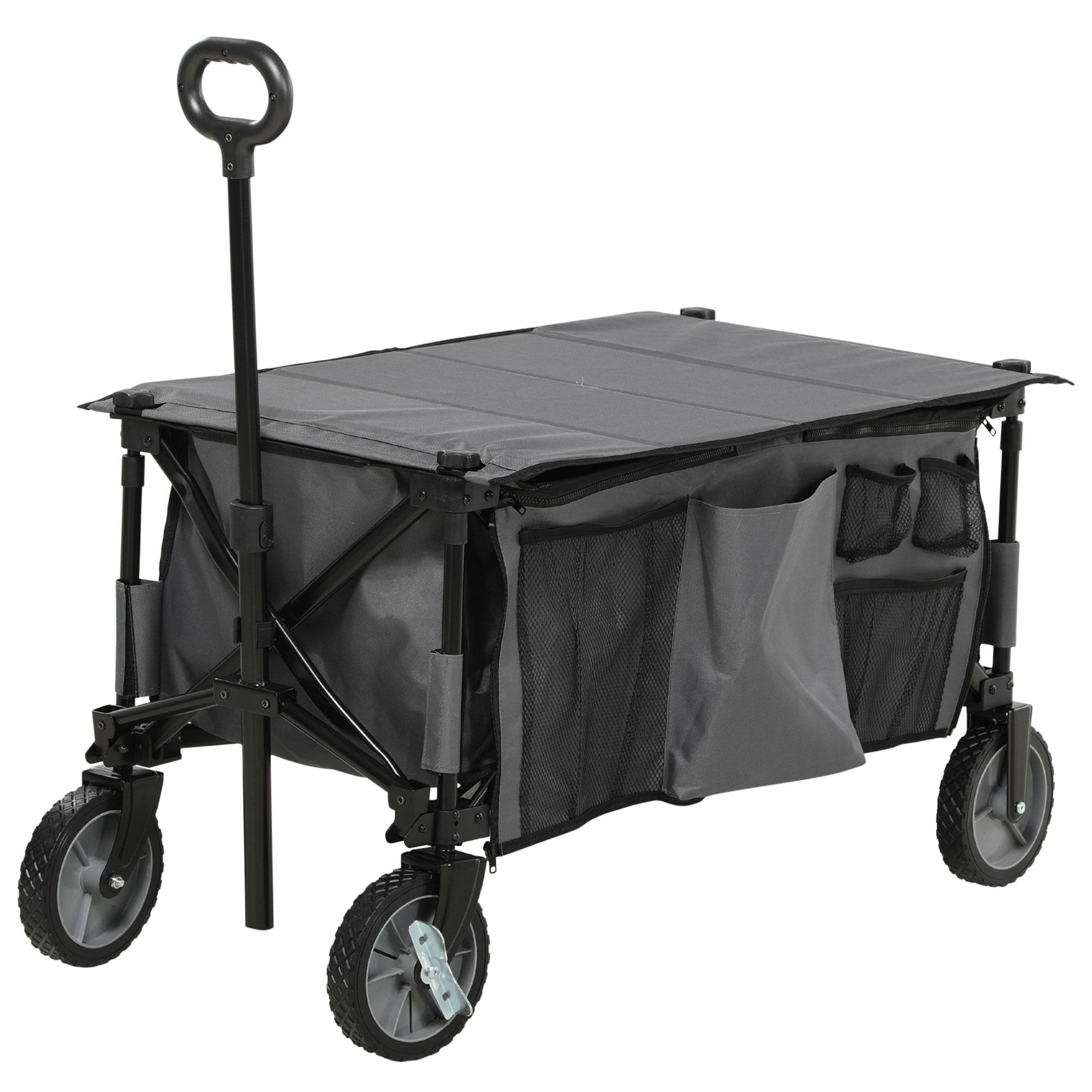 OUTSUNNY Chariot de jardin pliable 4 roues - bâche amovible, poignée télescopique réglable, 5 pochettes rangement - acier polyester gris