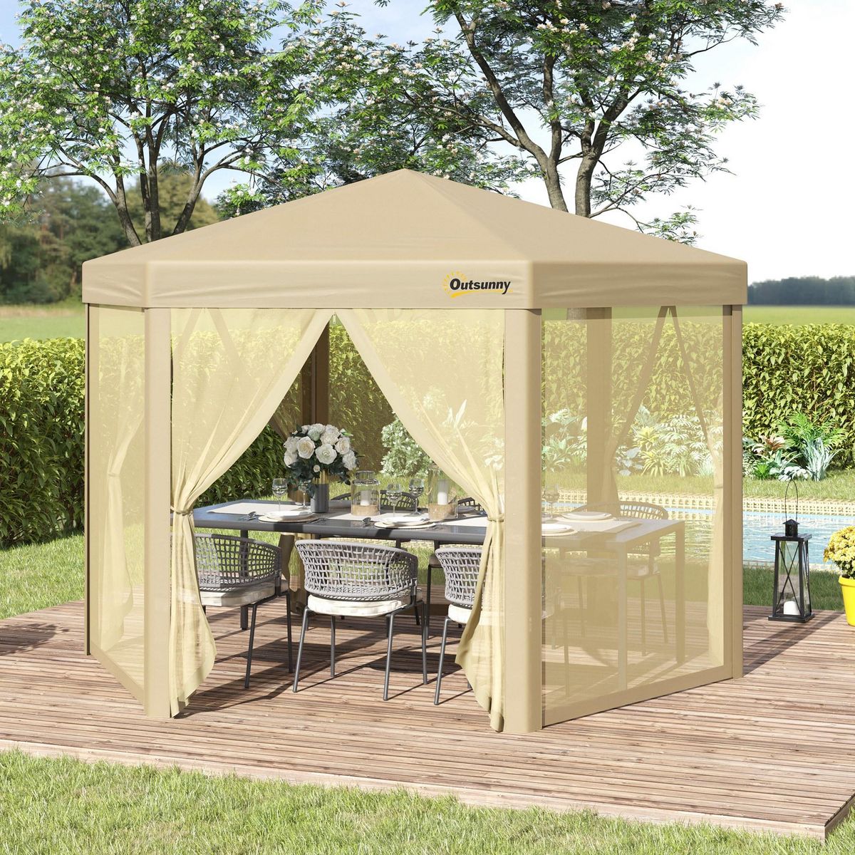 OUTSUNNY Tonnelle barnum pliant pop-up style colonial 3,06L x 3,06l x 2,7H m hauteur réglable moustiquaires sac de transport inclus beige