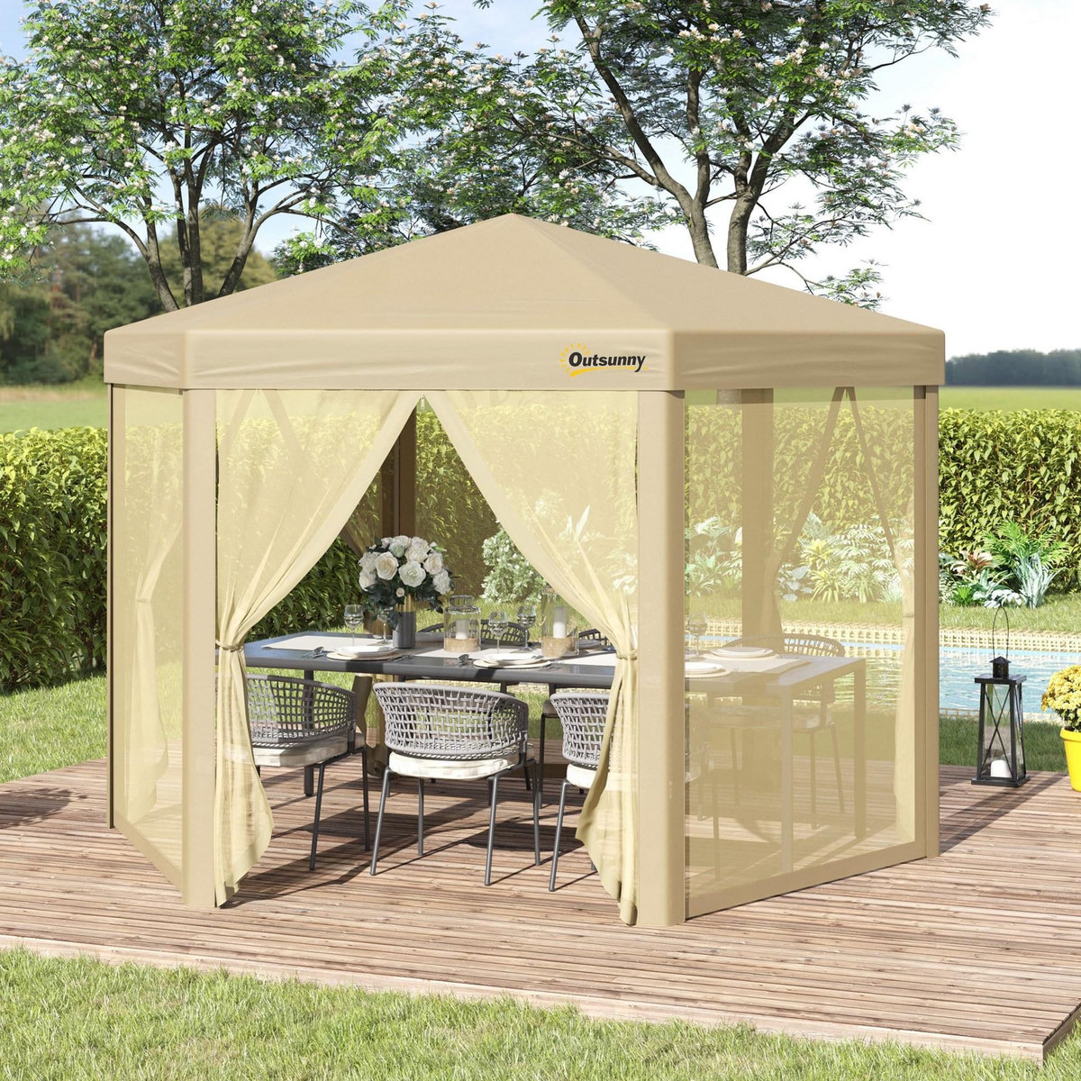 OUTSUNNY Tonnelle barnum pliant pop-up style colonial 3,06L x 3,06l x 2,7H m hauteur réglable moustiquaires sac de transport inclus beige