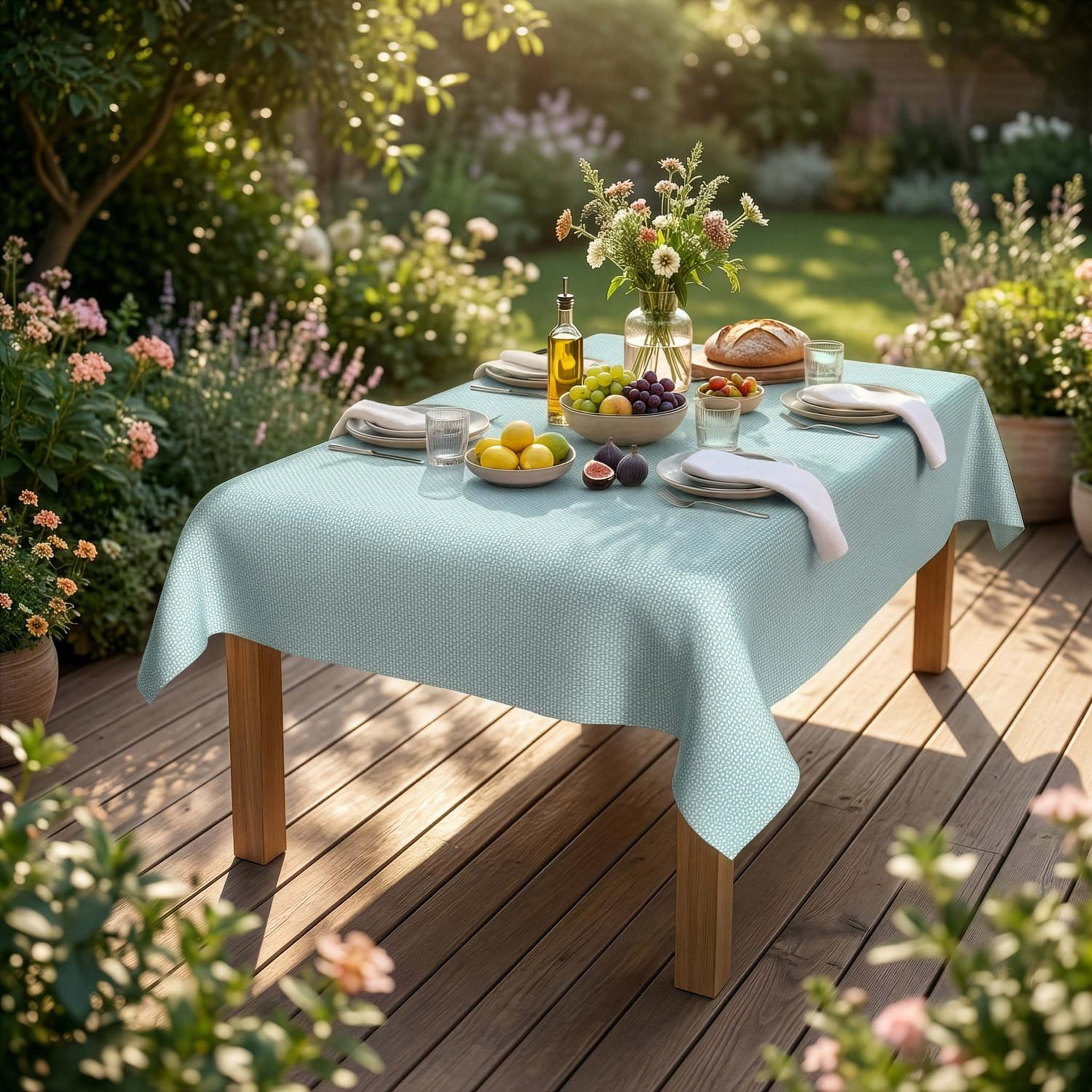 Voir la diapositive 2 : SOLEIL D'OCRE Nappe imprimée anti-tâches ROSALIA, par Soleil d'Ocre