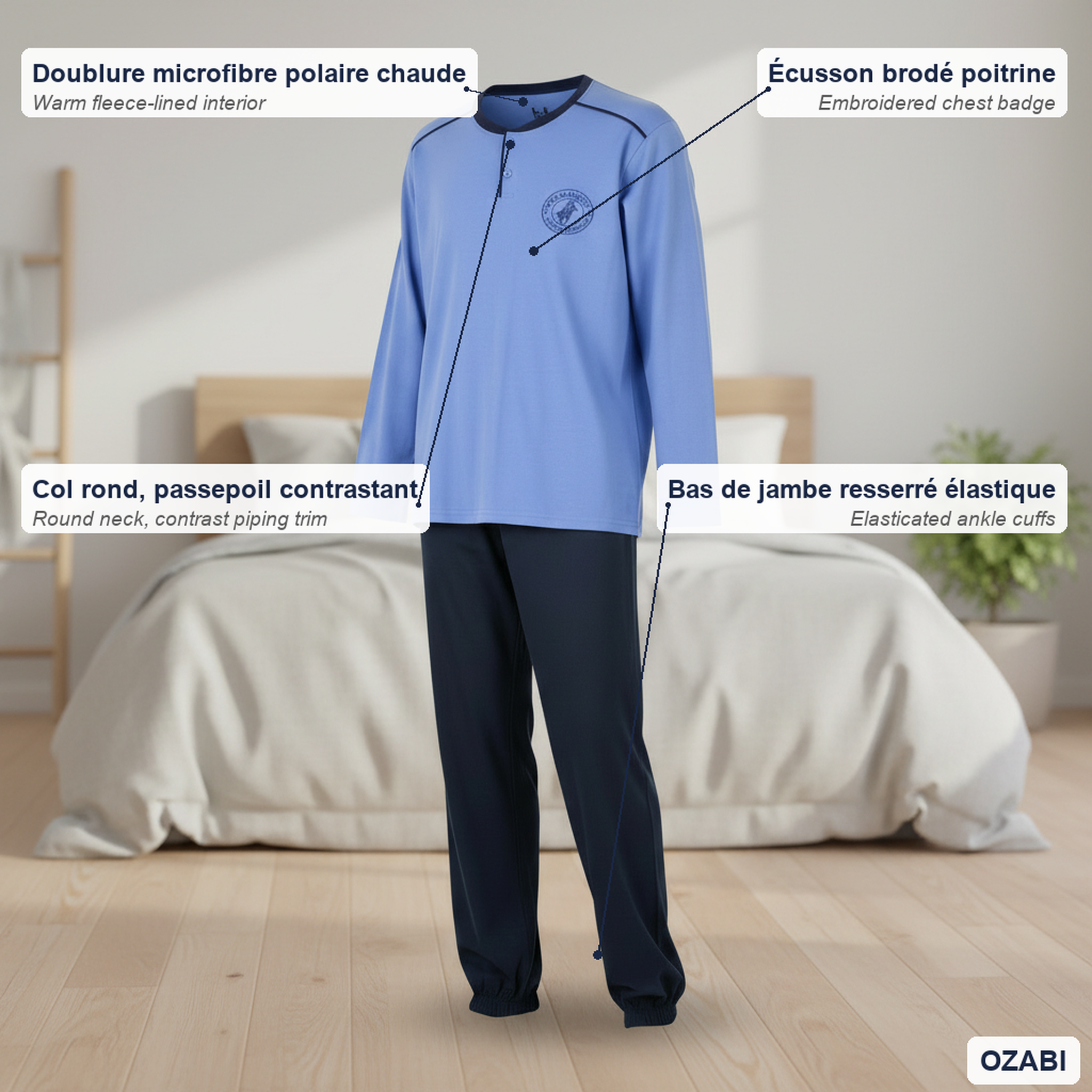Voir la diapositive 5 : OZABI Ozabi pyjama homme doublé polaire écusson brodé