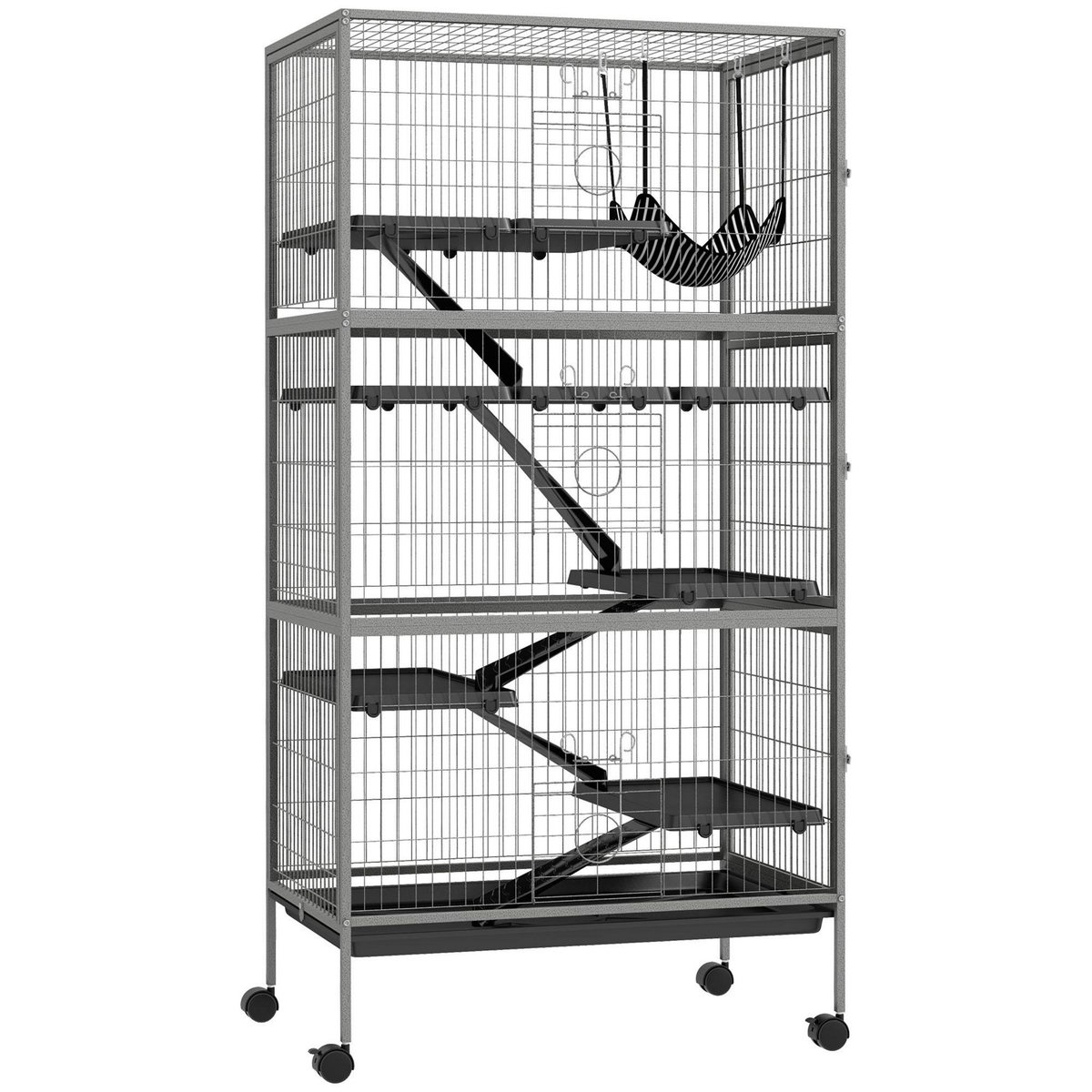 PAWHUT Cage rongeurs 4 plateformes 3 rampes 4 portes dim. 80L x 52l x 159H cm acier gris moucheté noir