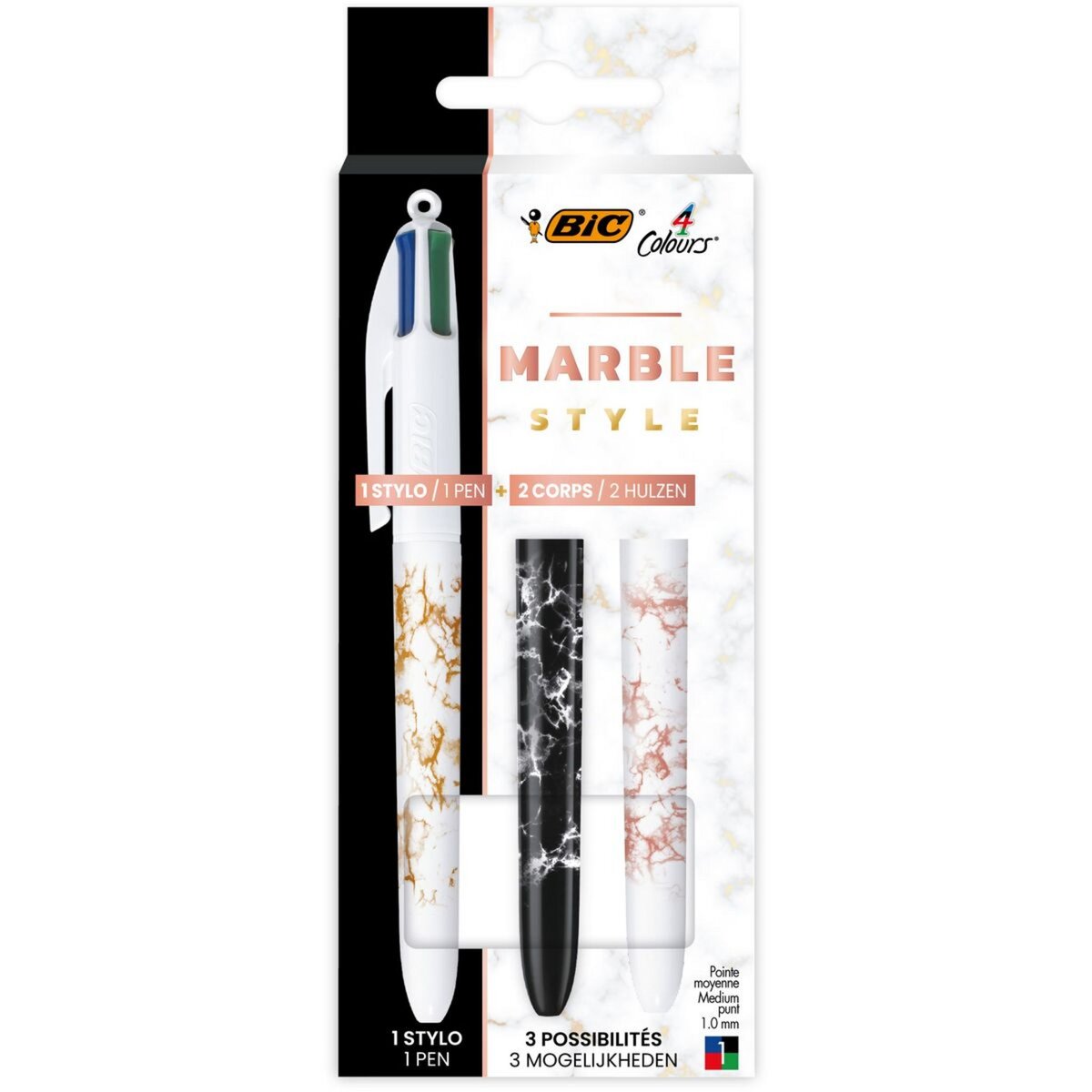 BIC Lot 1 stylo bille 4 couleurs rétractables + 2 corps Marble Style coloris assortis