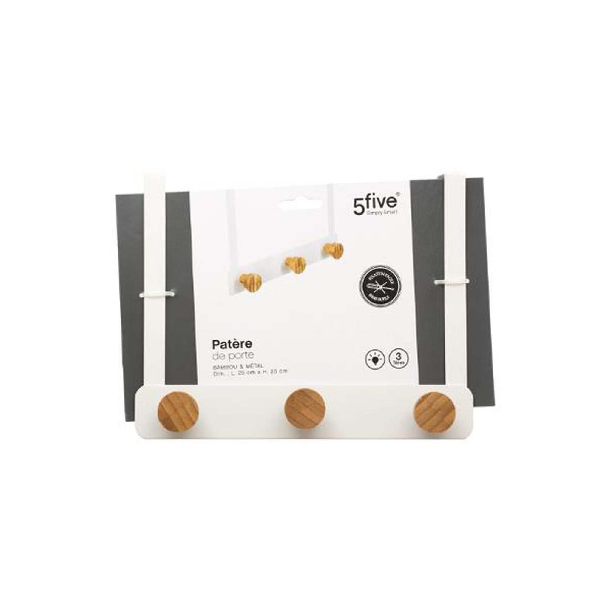 Voir la diapositive 3 : FIVE Patère en métal & bambou  3 têtes  20cm blanc