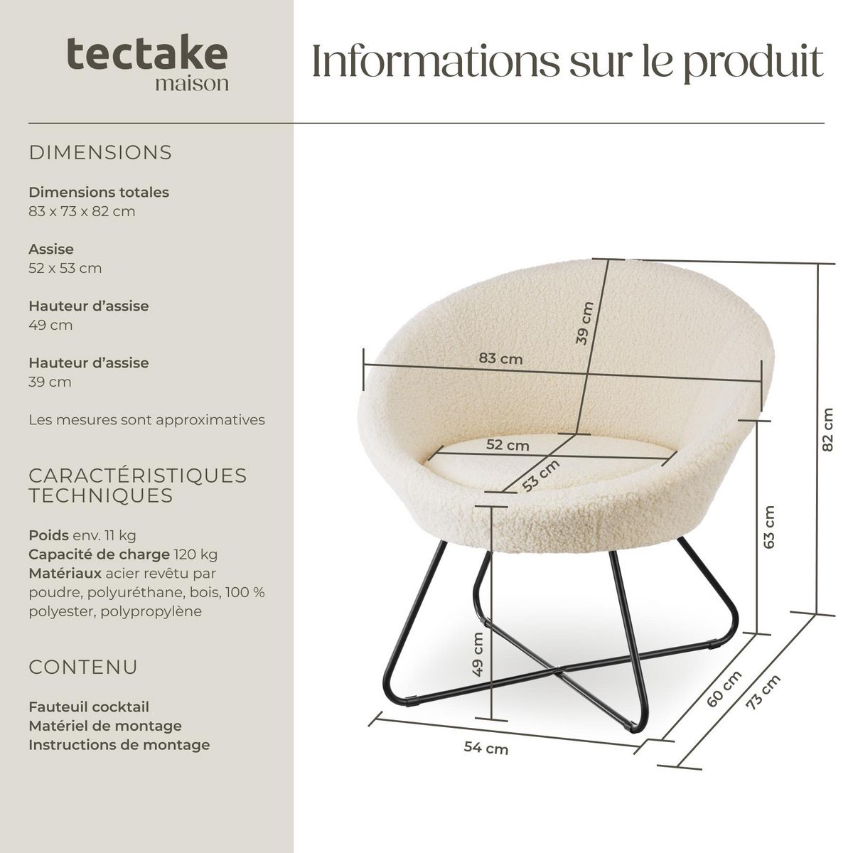 tectake Fauteuil cocktail rembourré avec revêtement en velours Bouclé blanc cassé