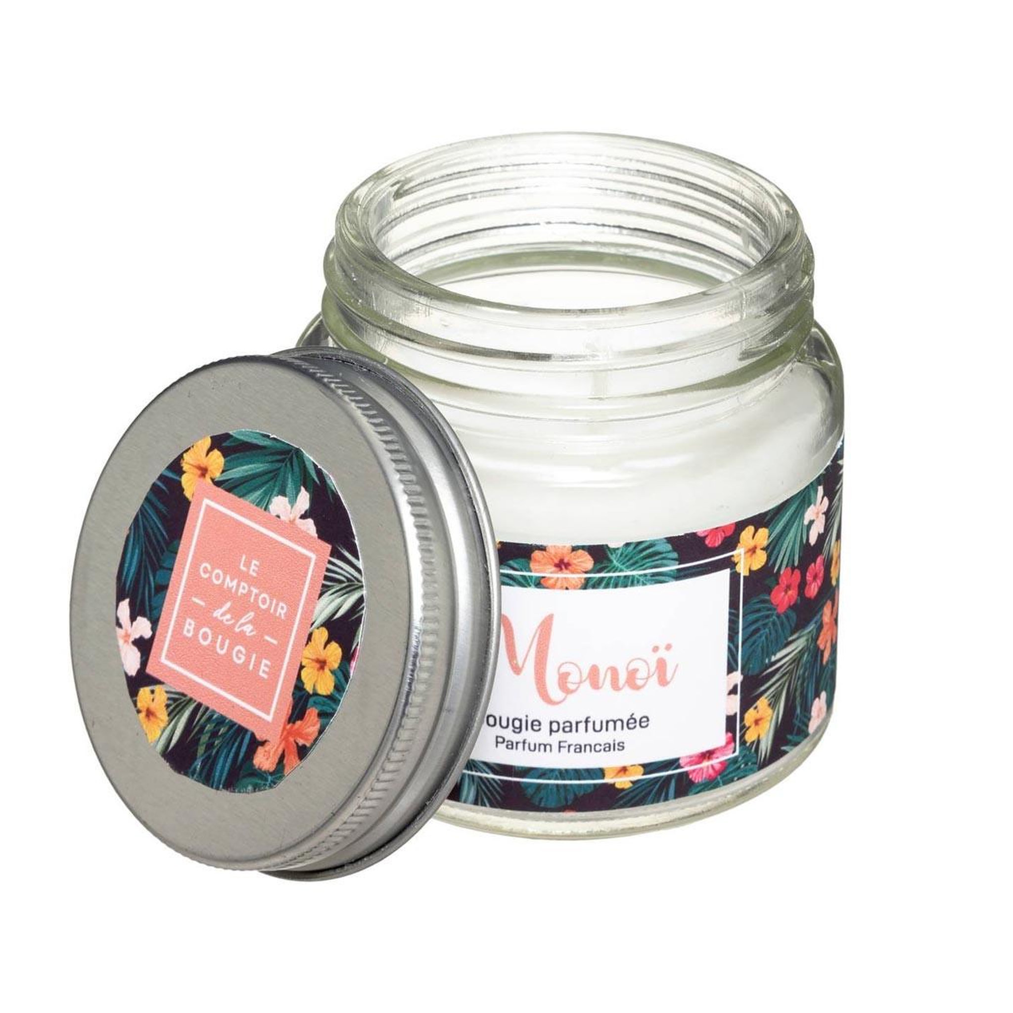 Voir la diapositive 2 : COMPTOIR DE LA BOUGIE Bougie parfumée en verre  bocal  65g monoï