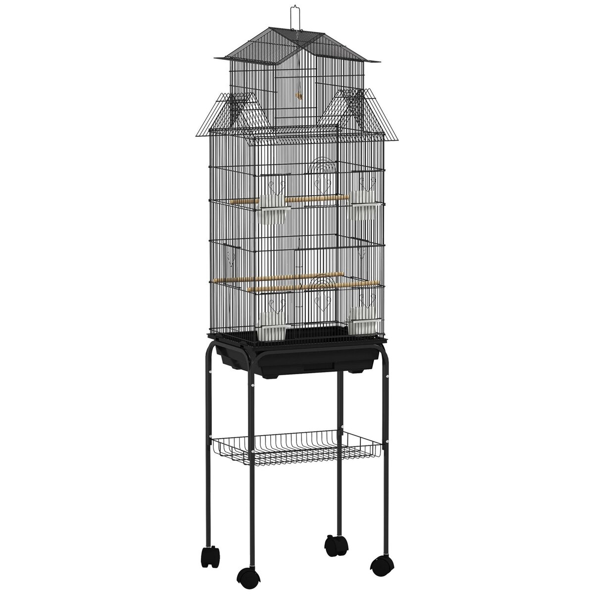 PAWHUT Cage à oiseaux design maison sur roulettes mangeoires perchoirs balançoire grande porte 8 trappes plateau déjection
