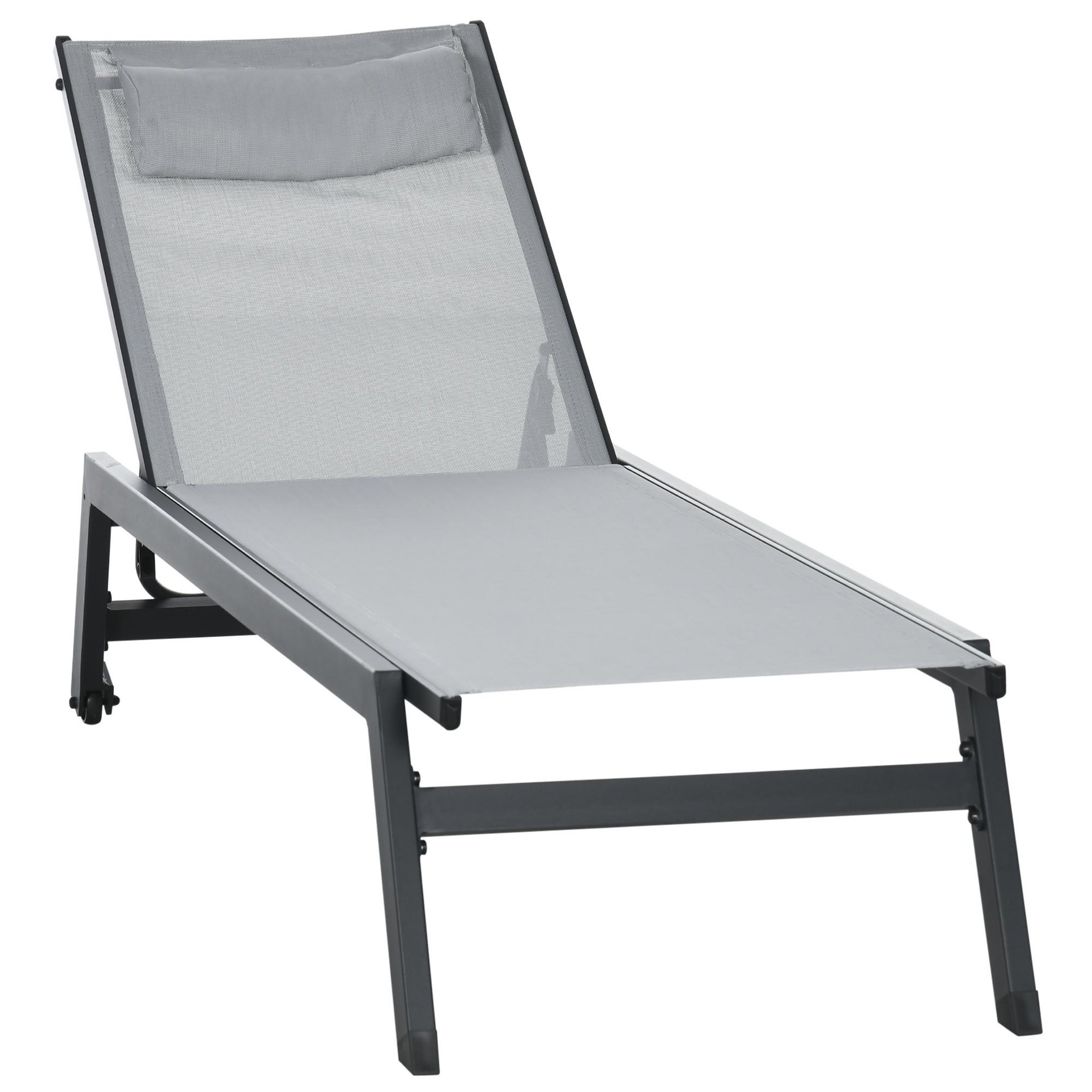 OUTSUNNY Bain de soleil transat inclinable 5 positions - tétière, 2 roulettes - alu. textilène gris