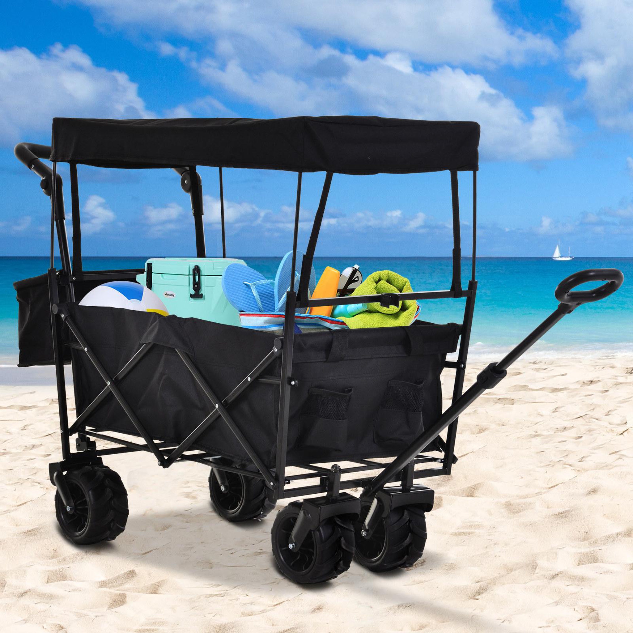 Voir la diapositive 2 : OUTSUNNY Chariot pliant avec toit, poignée, panier - chariot de plage - chariot de transport pliable tout-terrain métal oxford noir