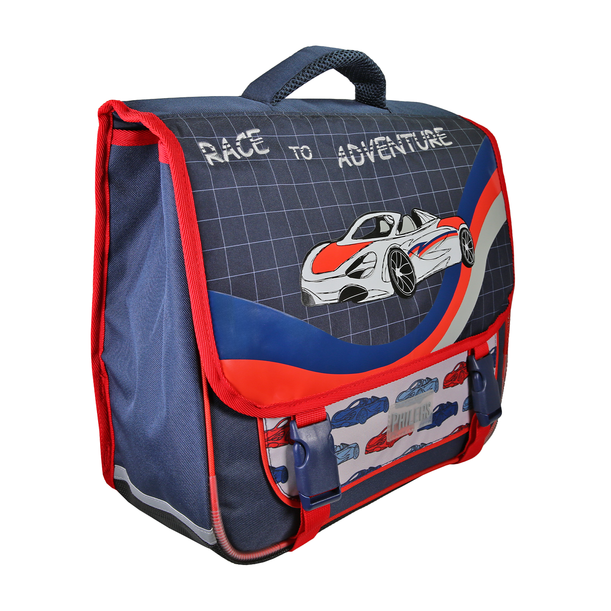 Voir la diapositive 2 : Bagtrotter Phileas – cartable scolaire 38 cm voiture – bleu et rouge – garçon – 2 compartiments