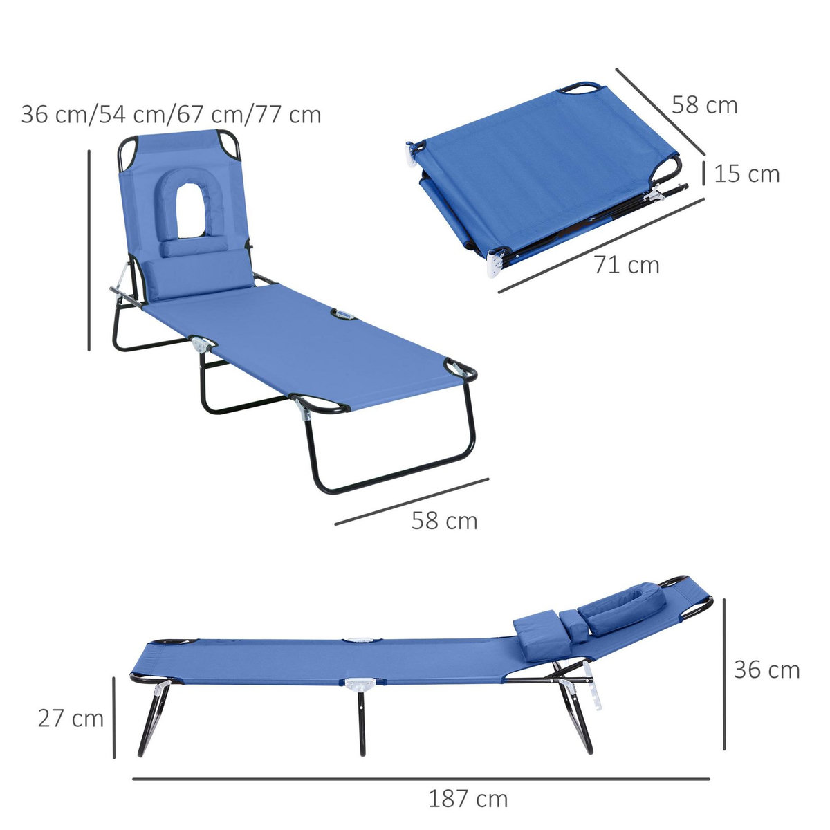 OUTSUNNY Bain de soleil pliable transat inclinable 4 positions chaise longue de lecture 3 coussins fournis bleu