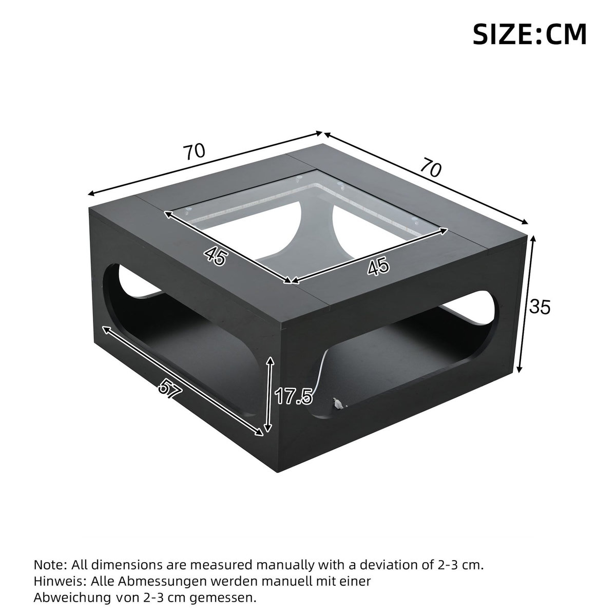 MERAX Table basse carrée noir - 70x70 cm led mdf