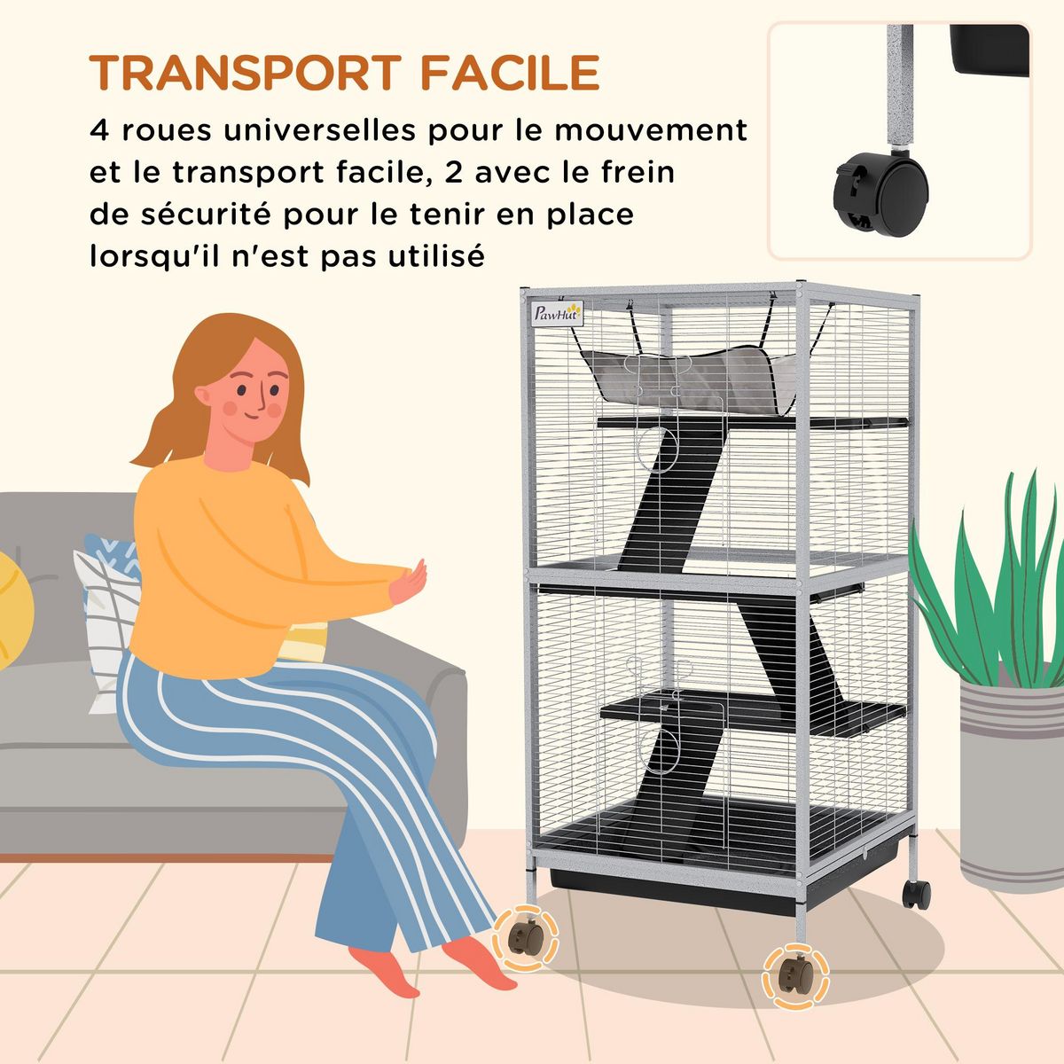 PAWHUT Cage pour petits animaux portable avec 2 portes hamac métal PP 52 x 52 x 113,5 cm