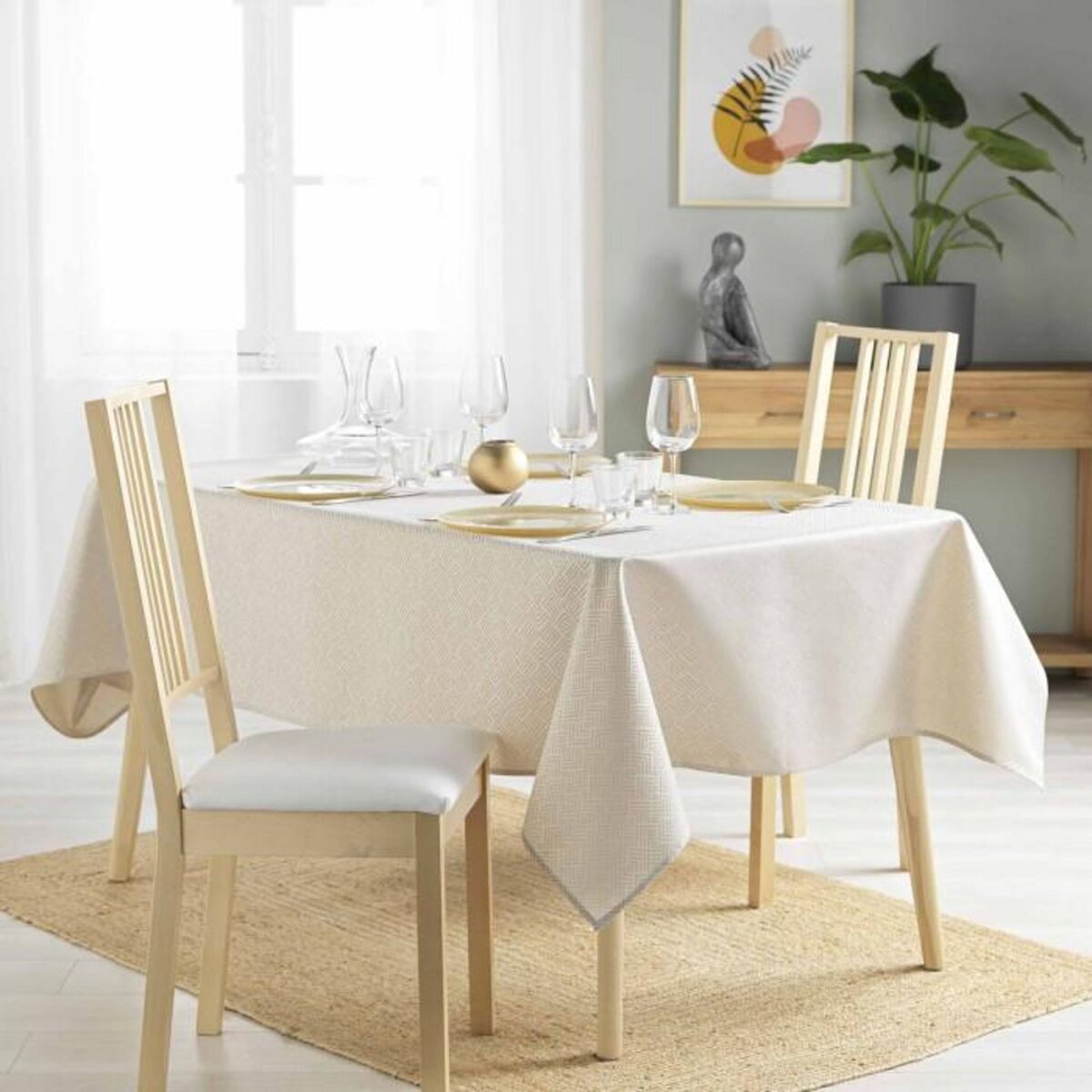 Paris Prix Nappe Jacquard Imprimé  Azuline  140x250cm Naturel