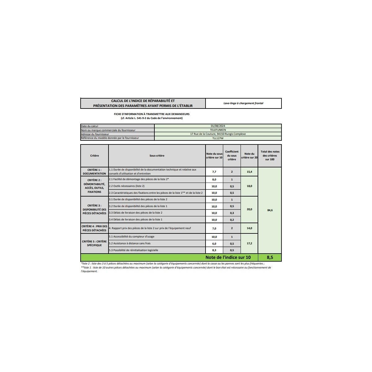 TELEFUNKEN Lave-linge hublot 7kg 1200 tours/min - TLL127W