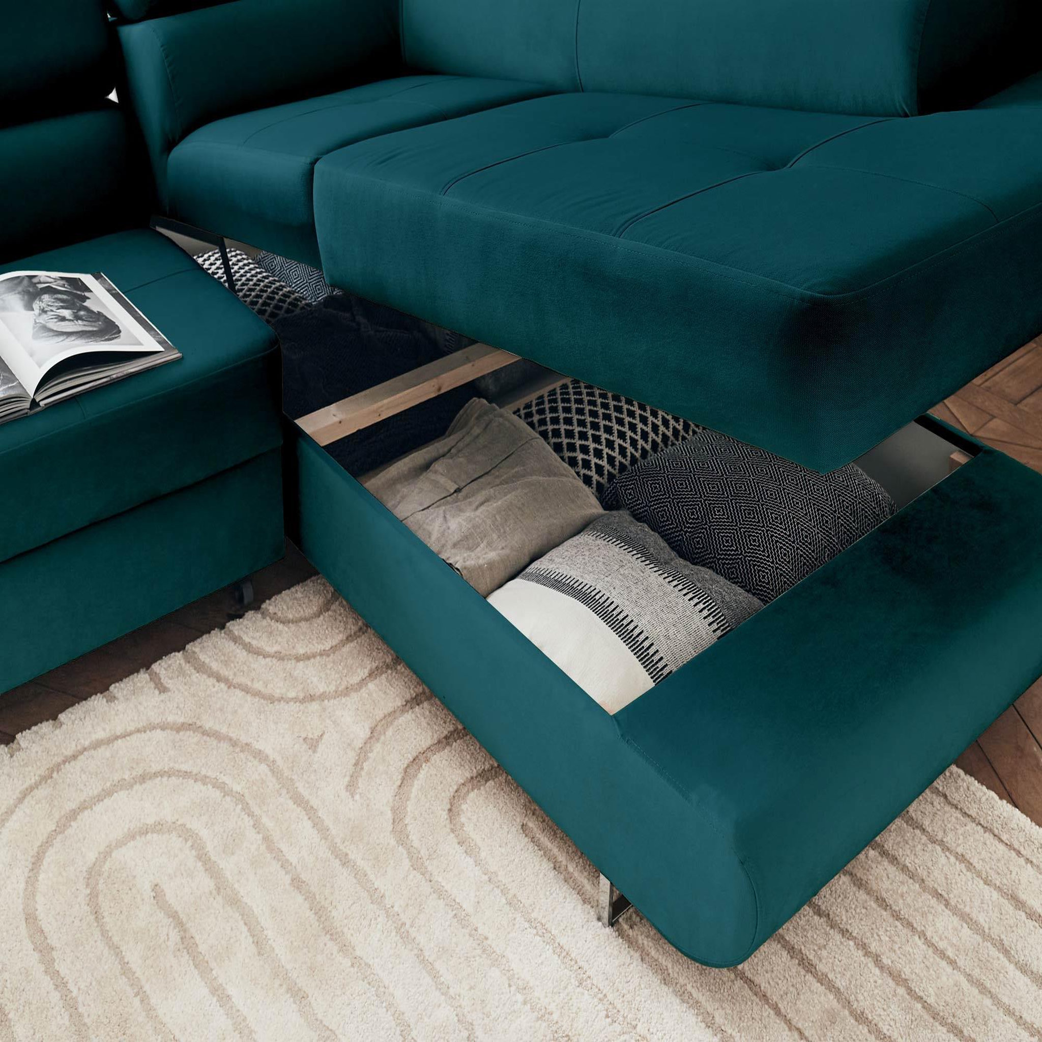 Voir la diapositive 3 : BEST MOBILIER Pablo - canapé d'angle droit - 5 places - convertible avec coffre et têtières réglables - en velours