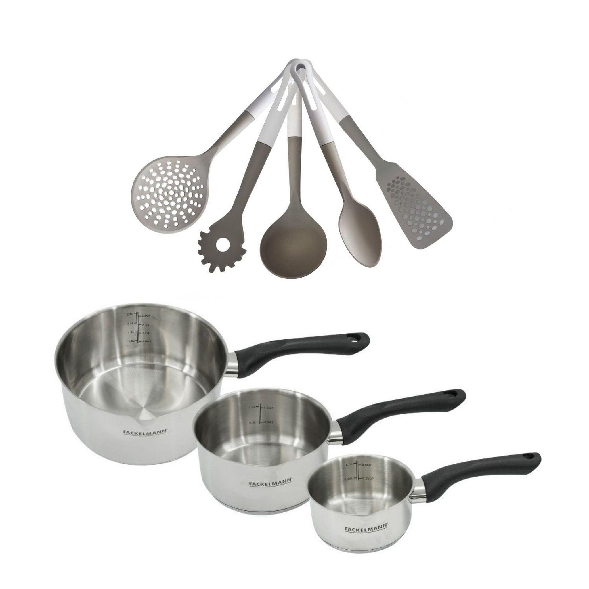 Fackelmann Batterie de cuisine avec 3 casseroles 12/16/20 cm en inox et 5 ustensiles de cuisine sans pfas fackelmann généva vario
