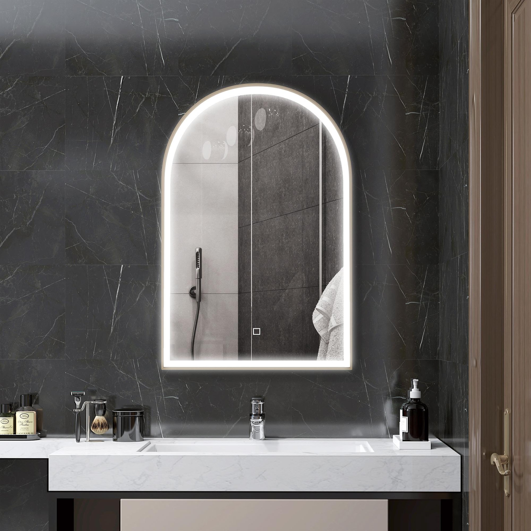 Voir la diapositive 2 : HOMCOM Miroir lumineux led arqué de salle de bain 90 x 60 cm - tactile, réglable, anti-buée - alu doré