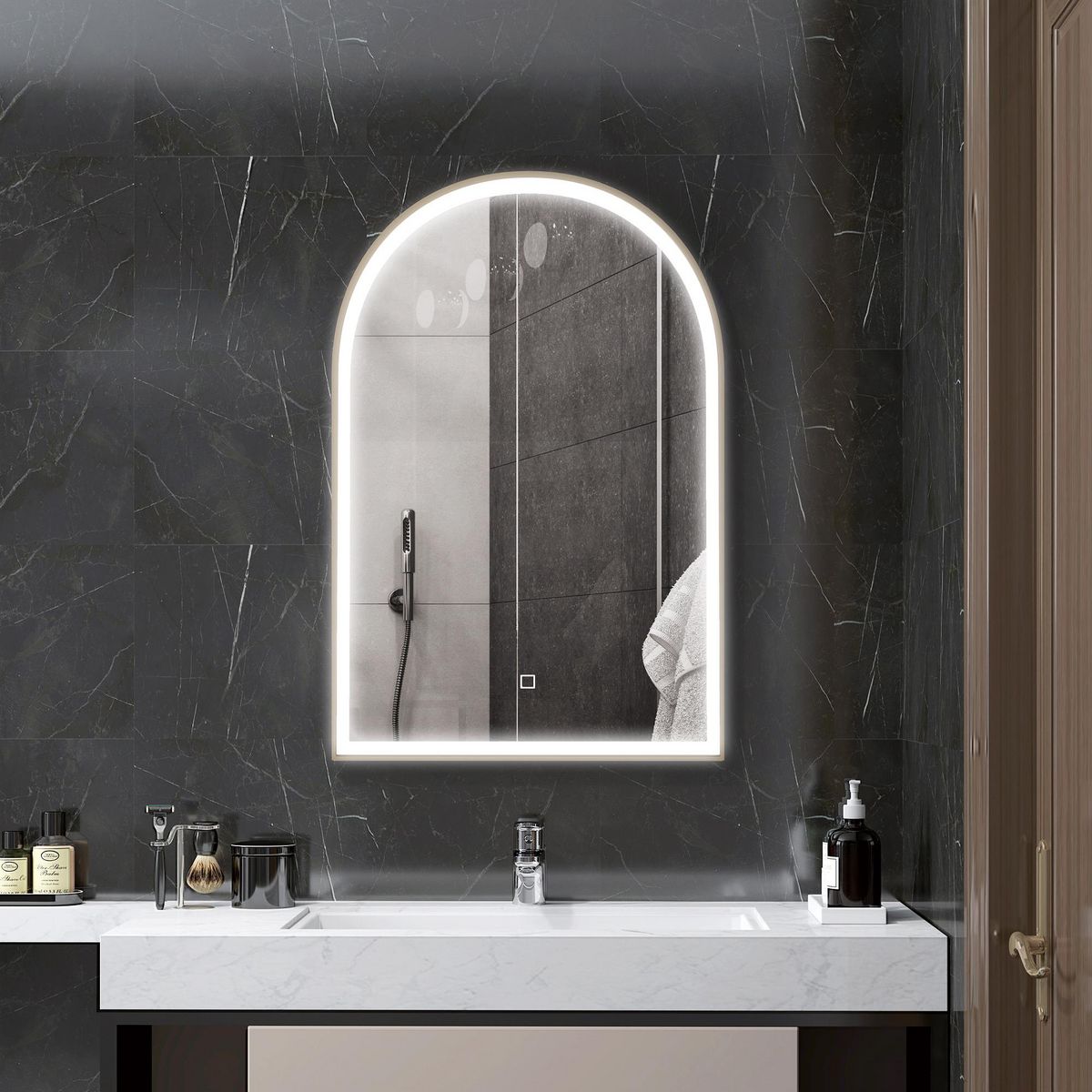 HOMCOM Miroir lumineux LED arqué de salle de bain 90 x 60 cm - tactile, réglable, anti-buée - alu doré