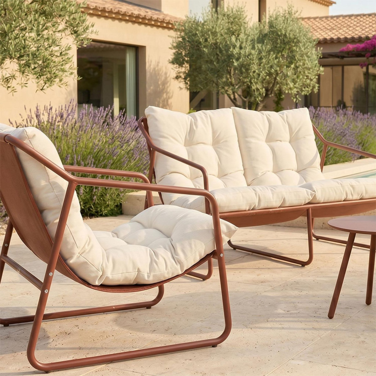 CONCEPT USINE Salon de jardin 4 places terracotta et beige avec tables basses ATRANI
