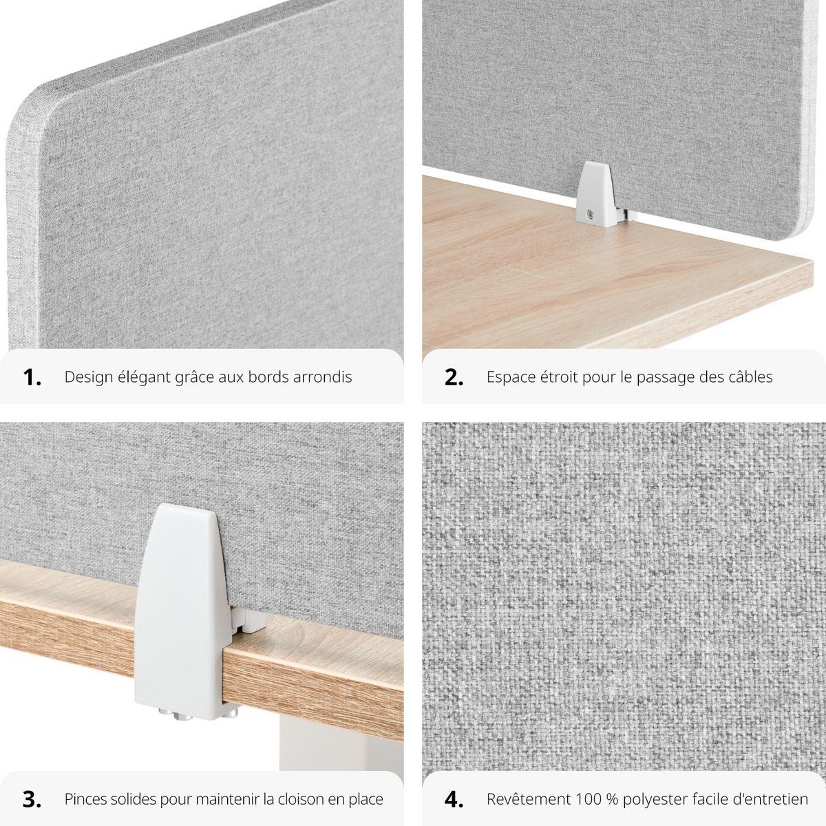 tectake Cloison de bureau Noisy avec coins arrondis avec noyau en PET absorbant le bruit