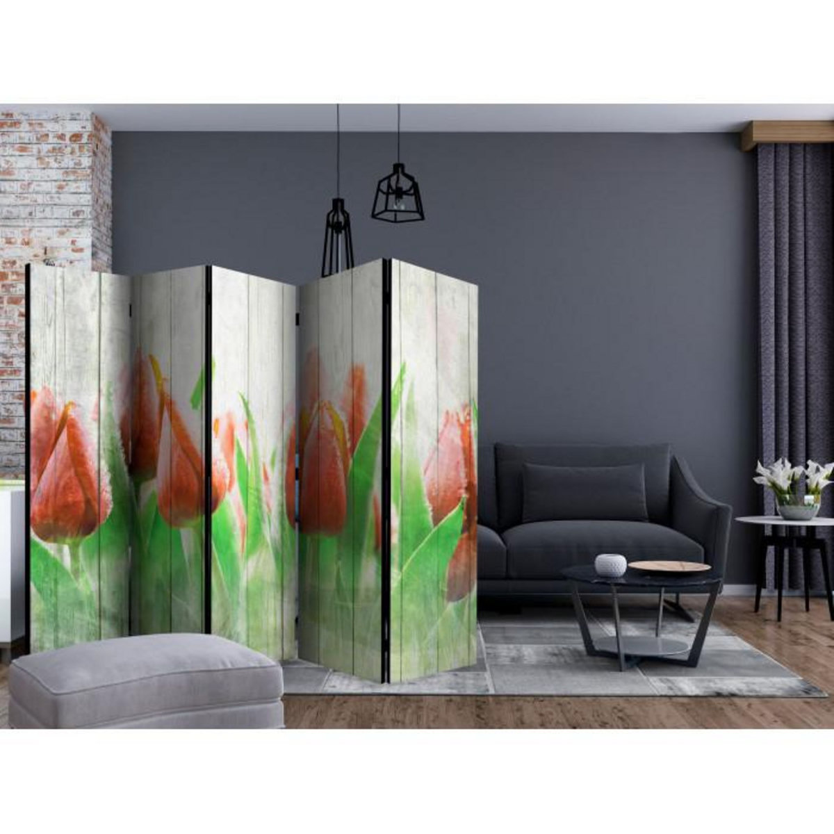Paris Prix Paravent 5 Volets  Red Tulips on Wood  172x225cm