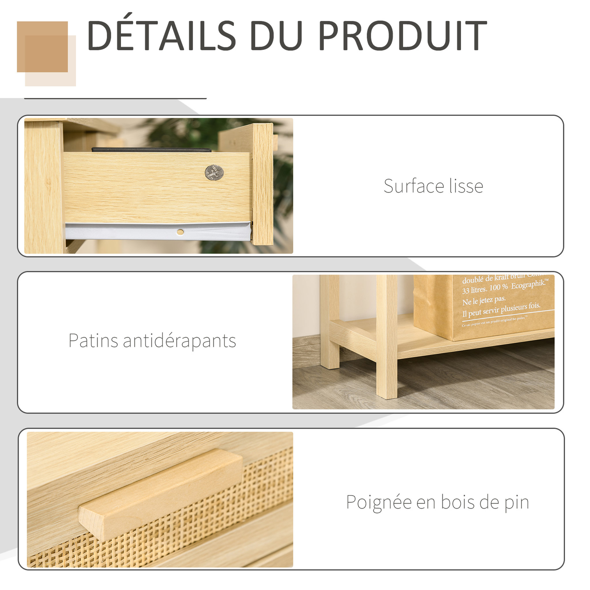 Voir la diapositive 6 : HOMCOM Console table d'appoint dim. 100L x 30l x 76H cm 2 tiroirs façades cannage en rotin étagère MDF aspect bois clair