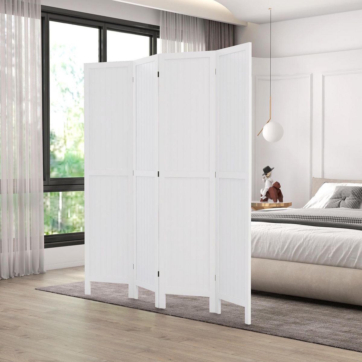 HOMCOM Paravent intérieur 4 panneaux style rustique chic - séparateur de pièce avec rainures verticales - bois de paulownia blanc