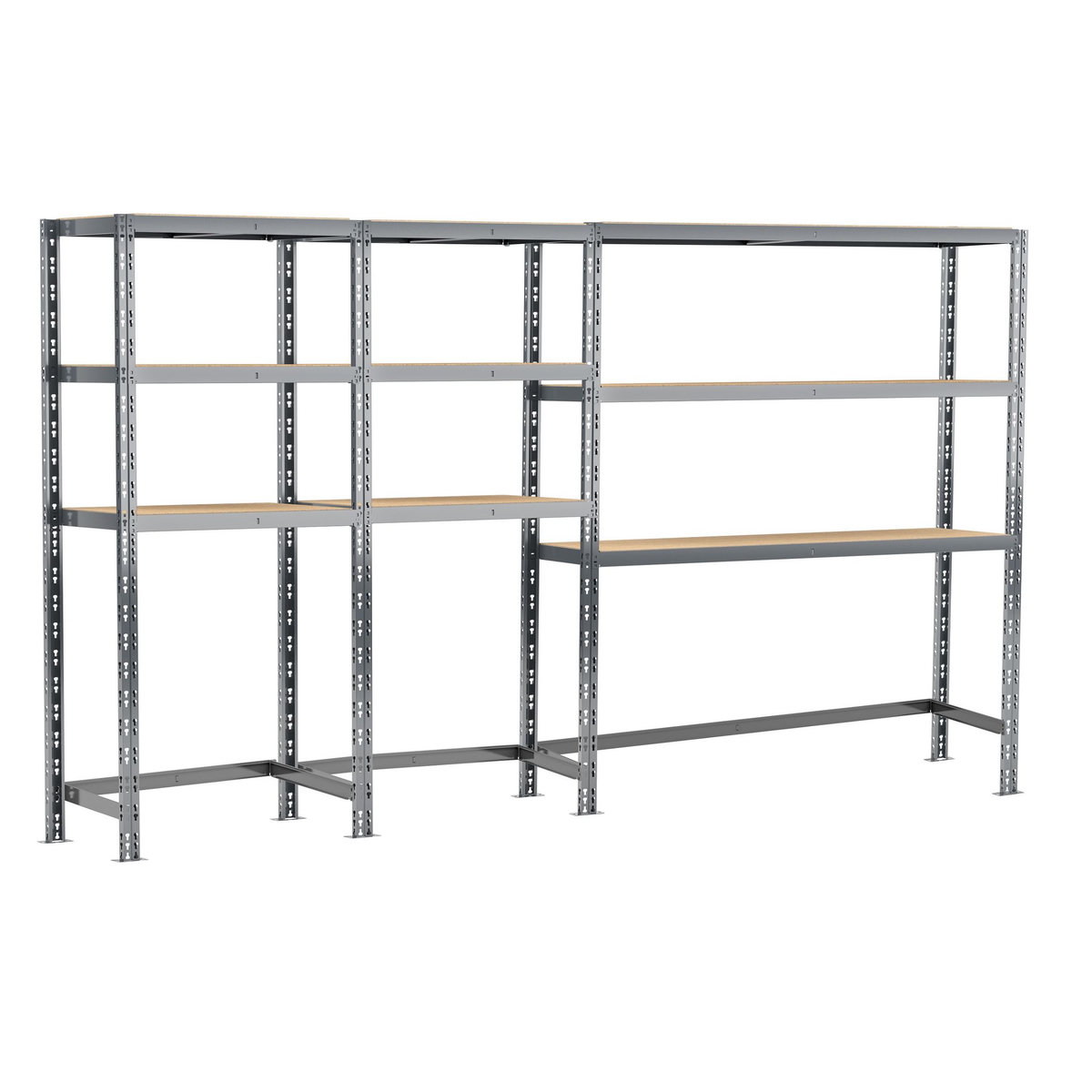 Concept rangement de garage MODULÖ STORAGE SYSTEME EXTENSION 3 étagères 9 plateaux longueur 290 cm