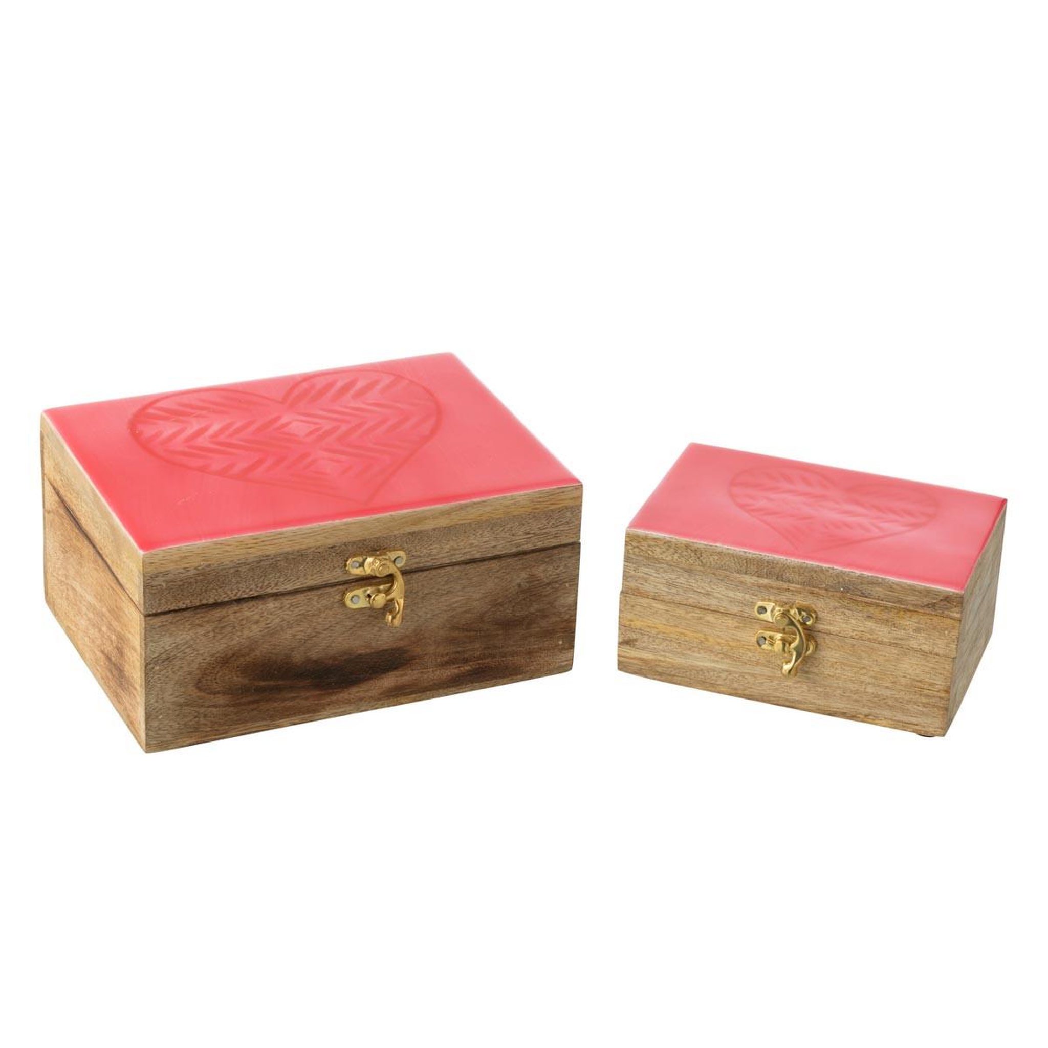 J-LINE Lot de 2 boîtes déco en bois  cœur  20cm rose & naturel