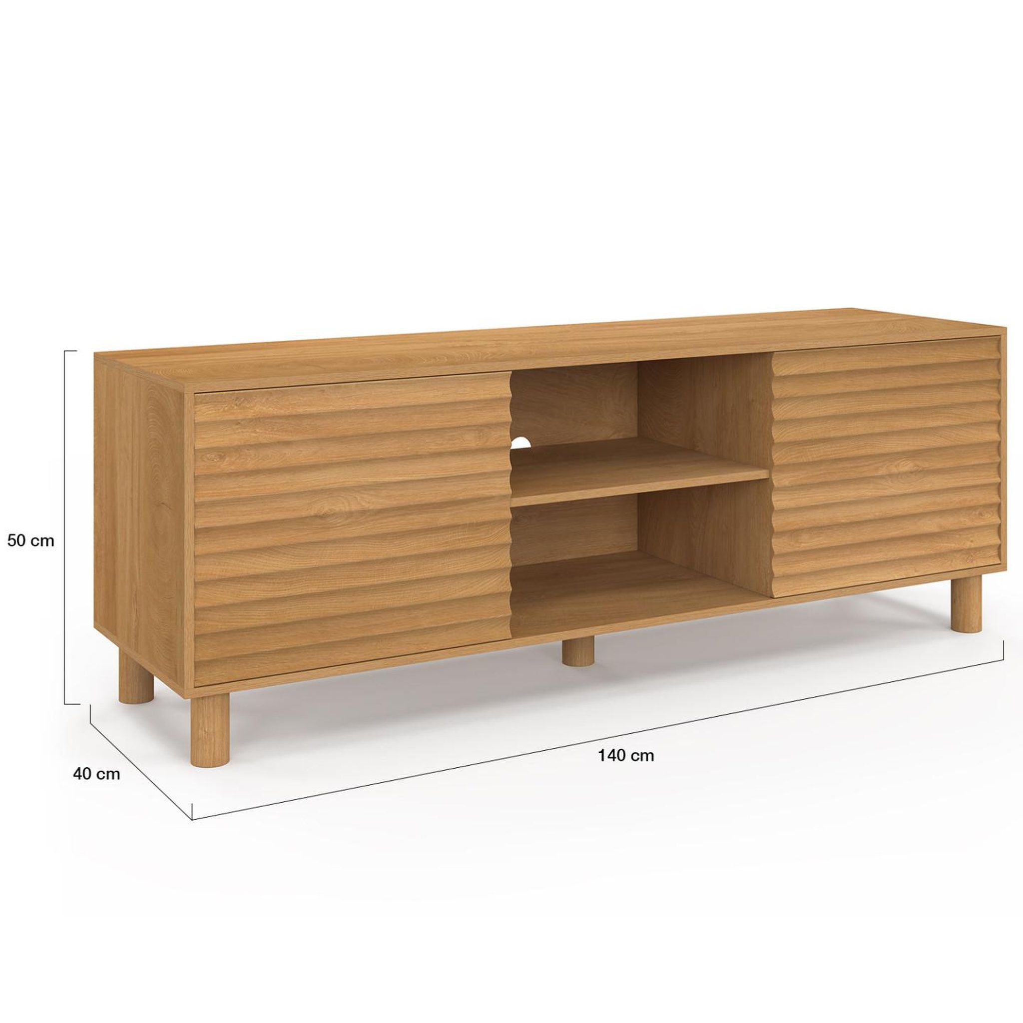 Voir la diapositive 5 : ID MARKET Meuble tv 140 cm julie 2 portes lattes tasseau bois coloris chêne