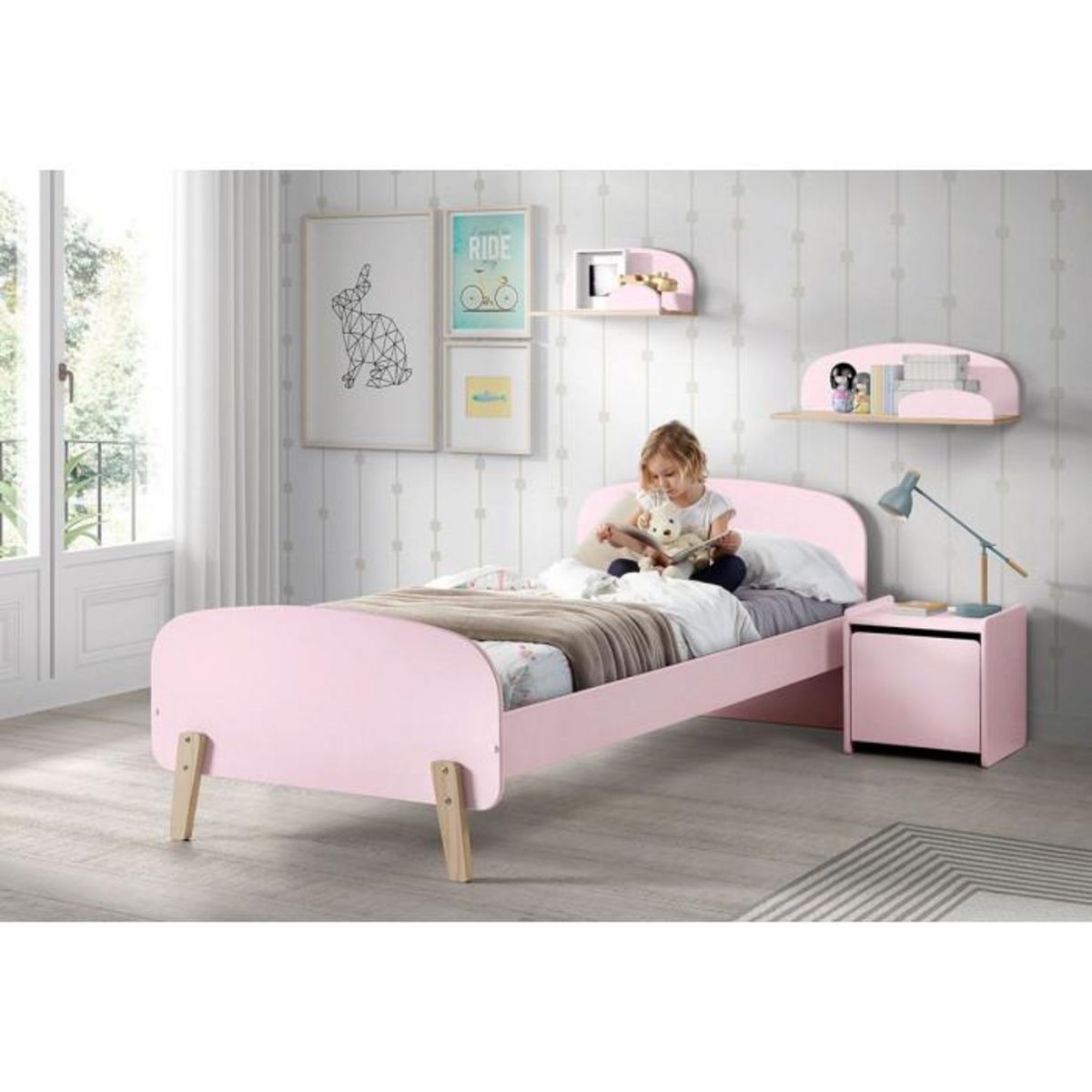 Paris Prix Pack - Lit Enfant & Chevet  Kiddy  90x200cm Rose