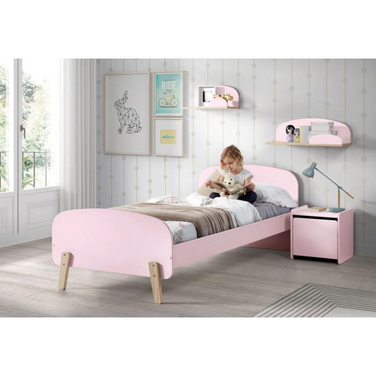 Paris Prix Pack - Lit Enfant & Chevet  Kiddy  90x200cm Rose