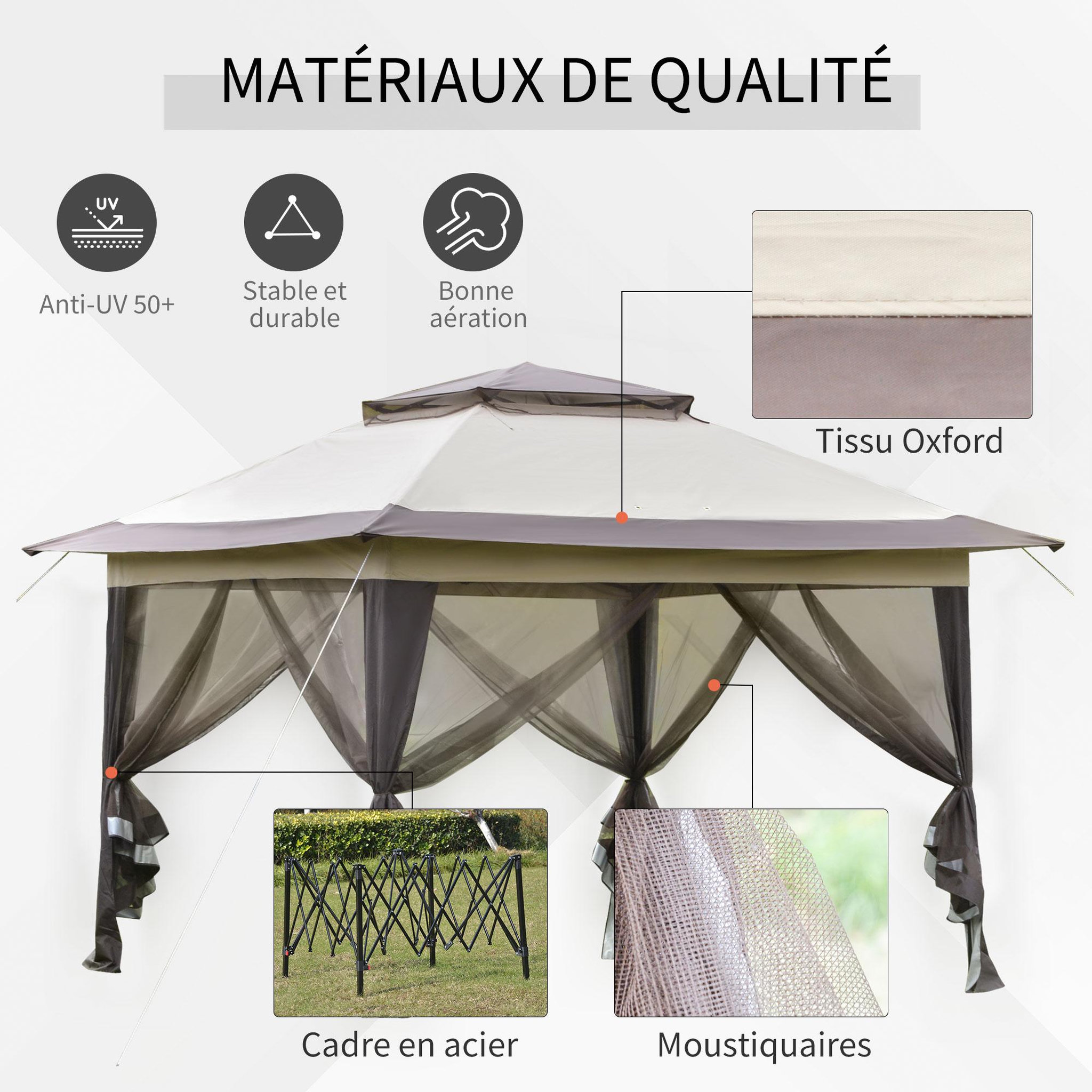 Voir la diapositive 4 : OUTSUNNY Tonnelle barnum de jardin pop-up pliant 3,64L x 3,64l x 2,94H m acier polyester moustiquaires + sac de transport à roulettes beige marron
