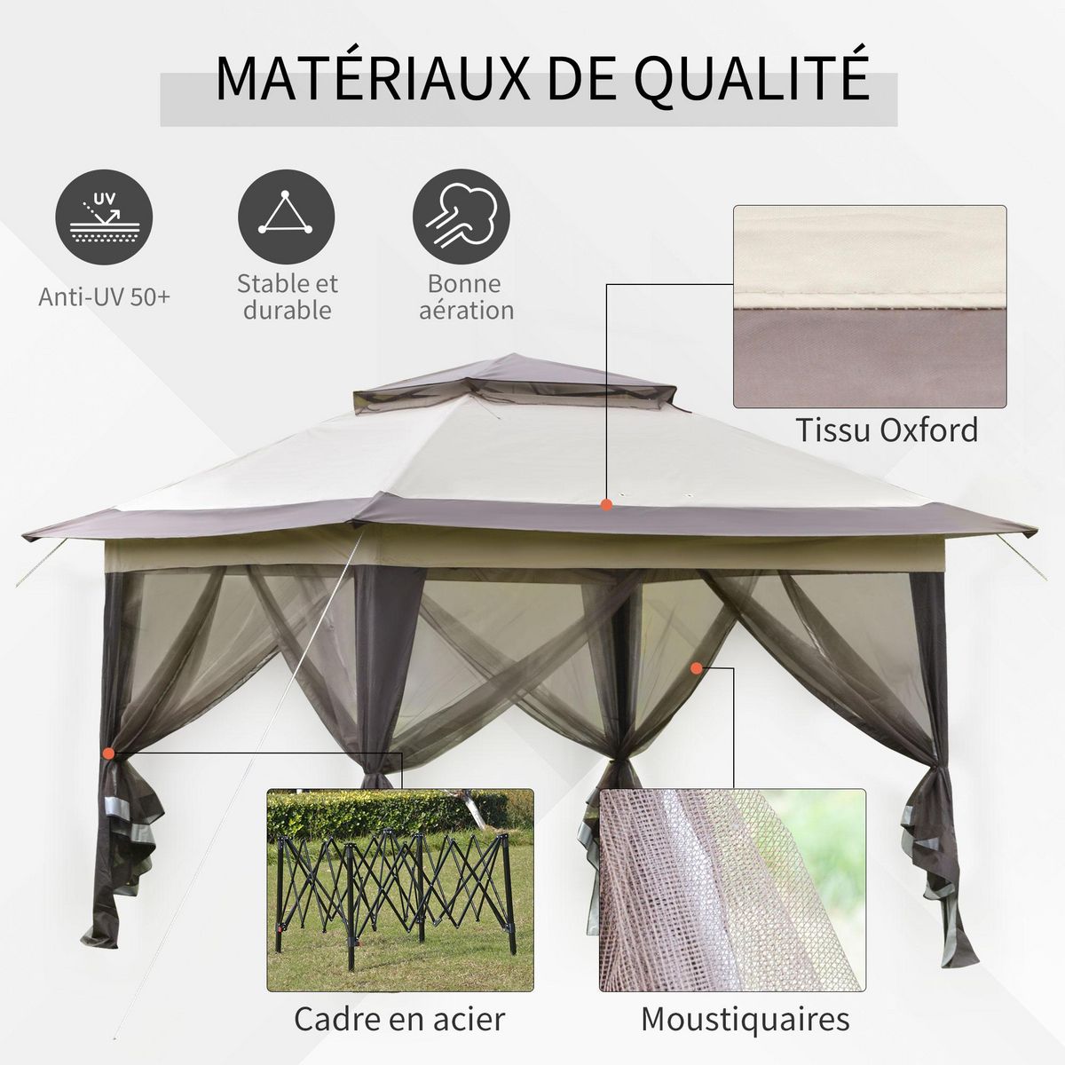 OUTSUNNY Tonnelle barnum de jardin pop-up pliant 3,64L x 3,64l x 2,94H m acier polyester moustiquaires + sac de transport à roulettes beige marron