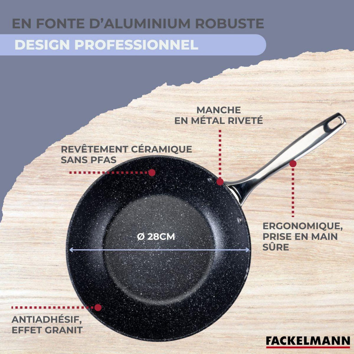 Fackelmann Wok 28 cm fonte aluminium revêtement antiadhésif céramique sans PFAS Fackelmann
