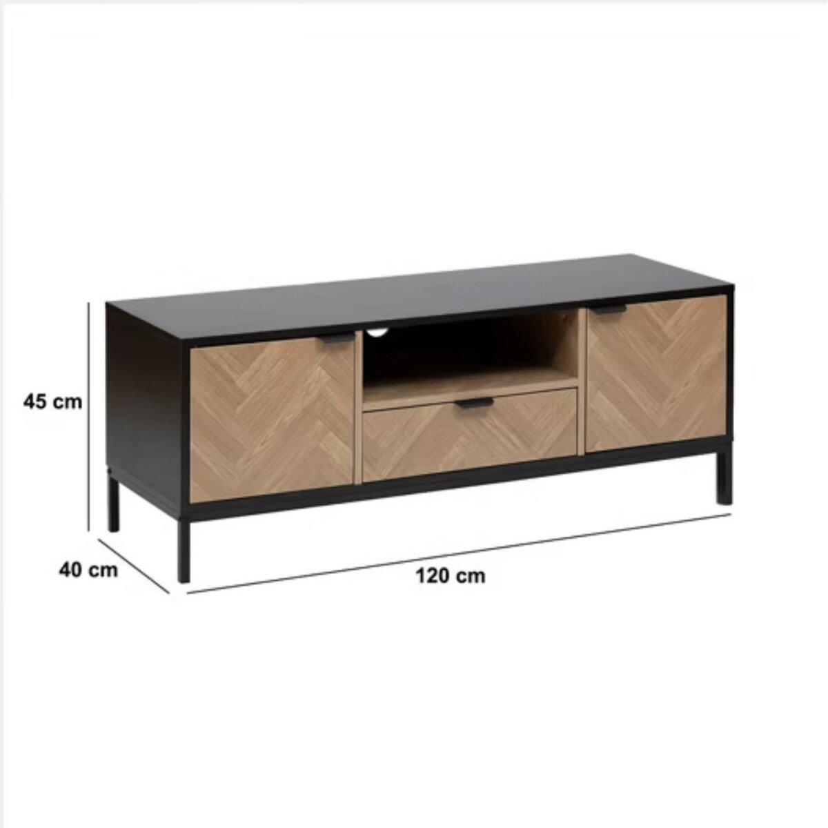 FIVE Meuble TV 2 portes et 1 tiroir en bois et métal CHEVRONS - Beige et noir