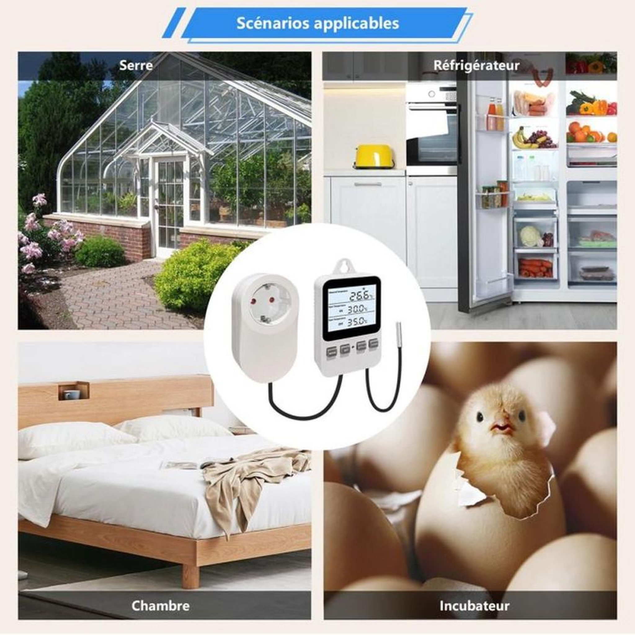 Voir la diapositive 6 : Thermostat d'ambiance numérique à écran LCD rétroéclairé avec sonde à câble 2,79 m et prise secteur EU