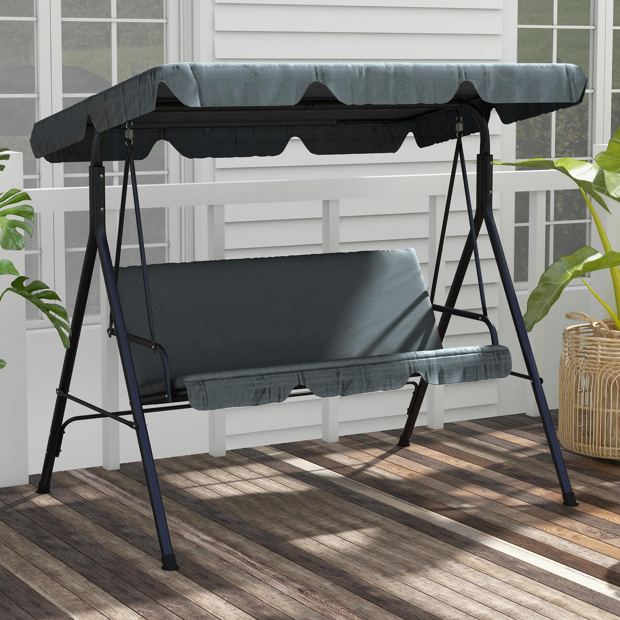 Voir la diapositive 2 : OUTSUNNY Balancelle de jardin 3 places toit réglable acier polyester gris