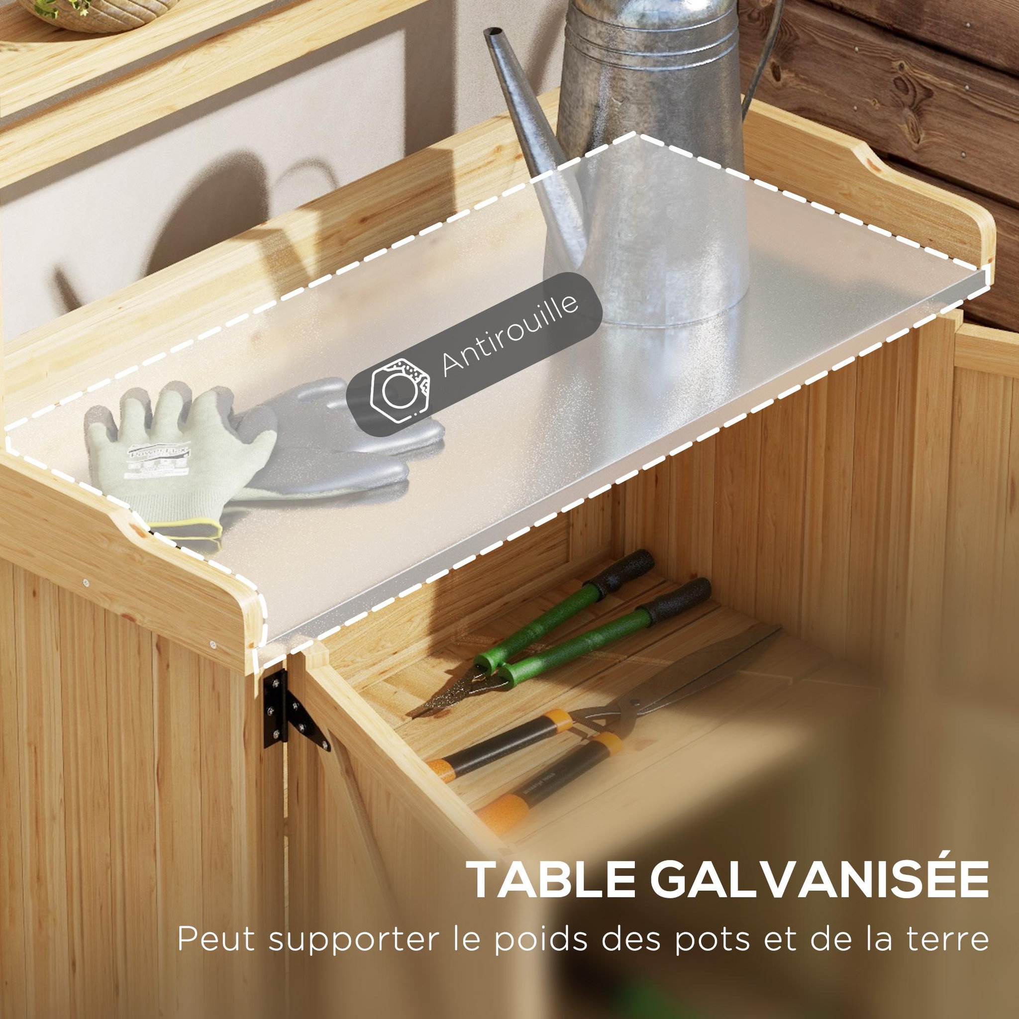 Voir la diapositive 5 : OUTSUNNY Table de rempotage jardinage - étagères, 2 portes avec étagère - plateau tôle acier galvanisé - bois sapin pré-huilé