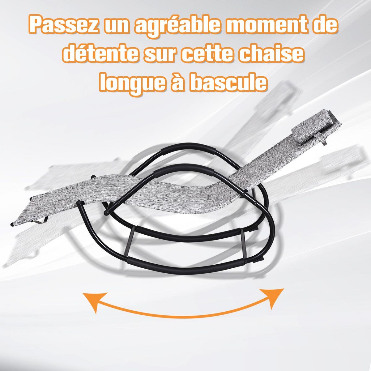 OUTSUNNY Chaise longue à bascule rocking chair design contemporain dim. 160L x 61l x 79H cm métal textilène gris chiné