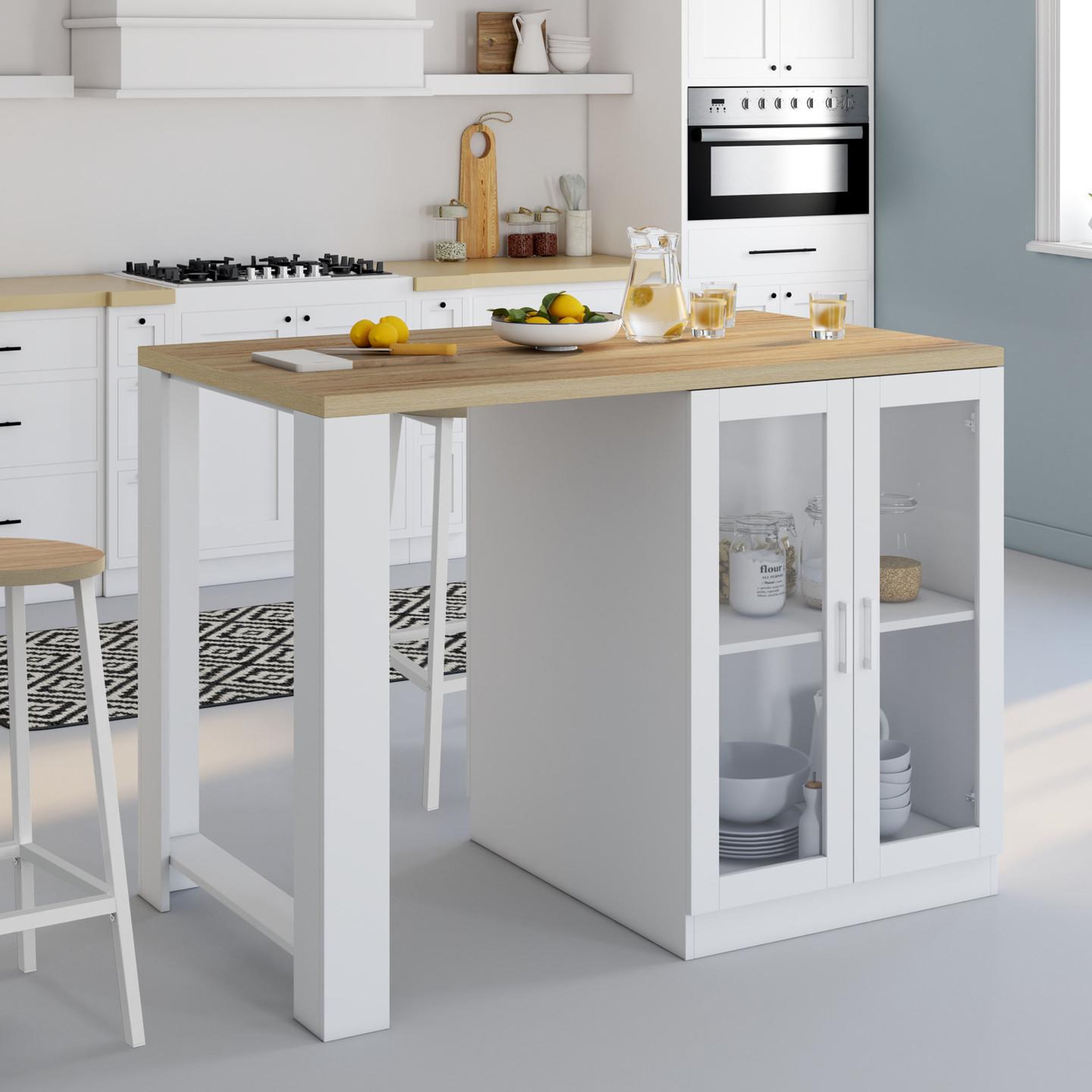 Voir la diapositive 2 : ID MARKET Ilot central lino 120 cm 2 personnes bois blanc et plan de travail façon hêtre et portes vitrées