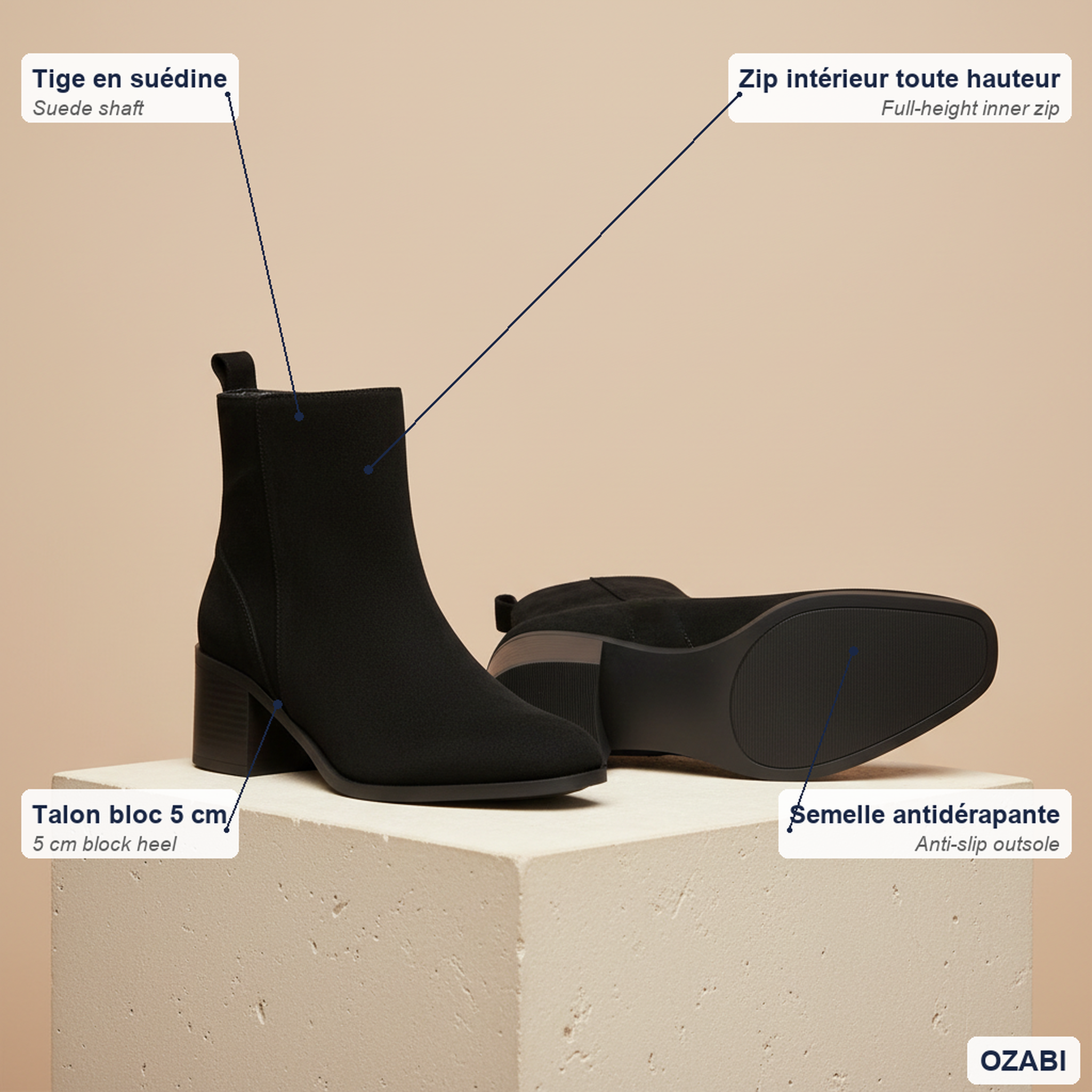 Voir la diapositive 4 : OZABI Ozabi bottines femme suédine zippée talon bloc 5 cm bout arrondi