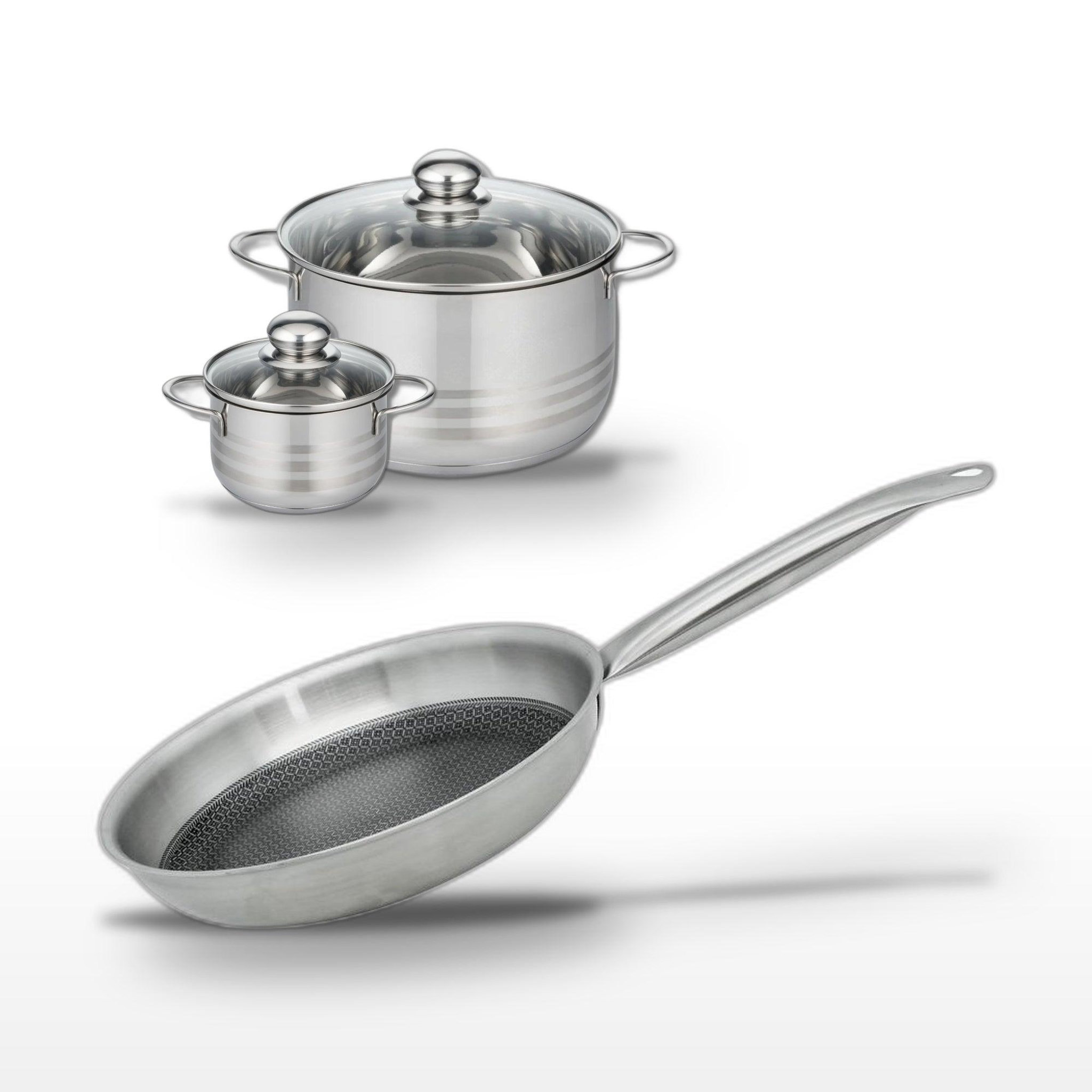 ELO Batterie de cuisine avec 1 poêle de cuisson 24 cm et 2 faitouts 12/20 cm en acier inoxydable sans pfas elo collection relief solution brillant
