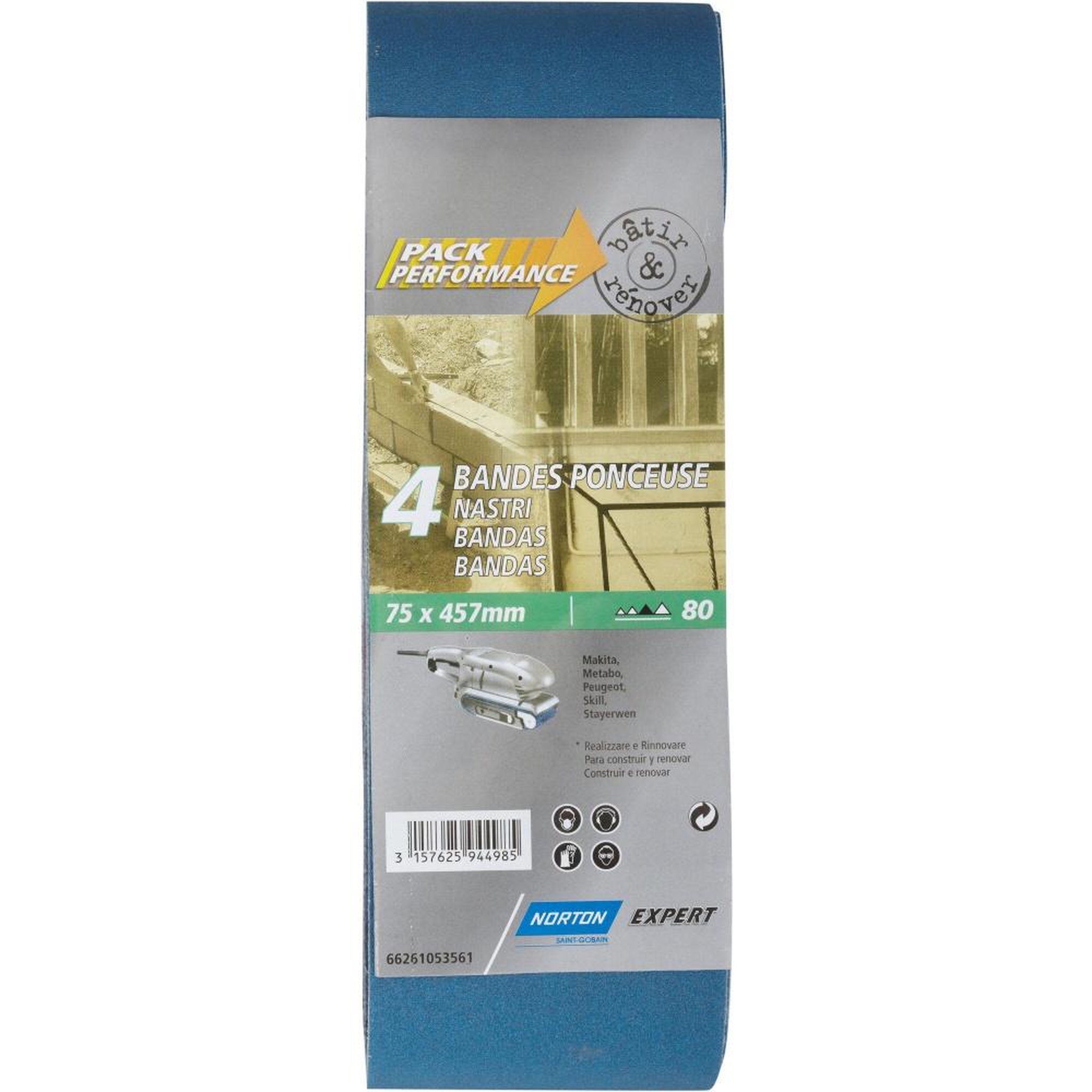 Norton Lot de 4 bandes abrasives NORTON, 75 x 457 mm, grains 80
