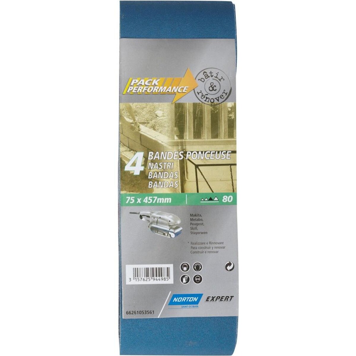 Norton Lot de 4 bandes abrasives NORTON, 75 x 457 mm, grains 80