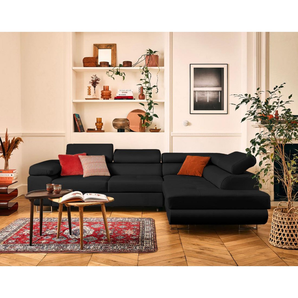 LISA DESIGN Zaria - canapé d'angle droit 5 places convertible avec coffre et têtières en simili