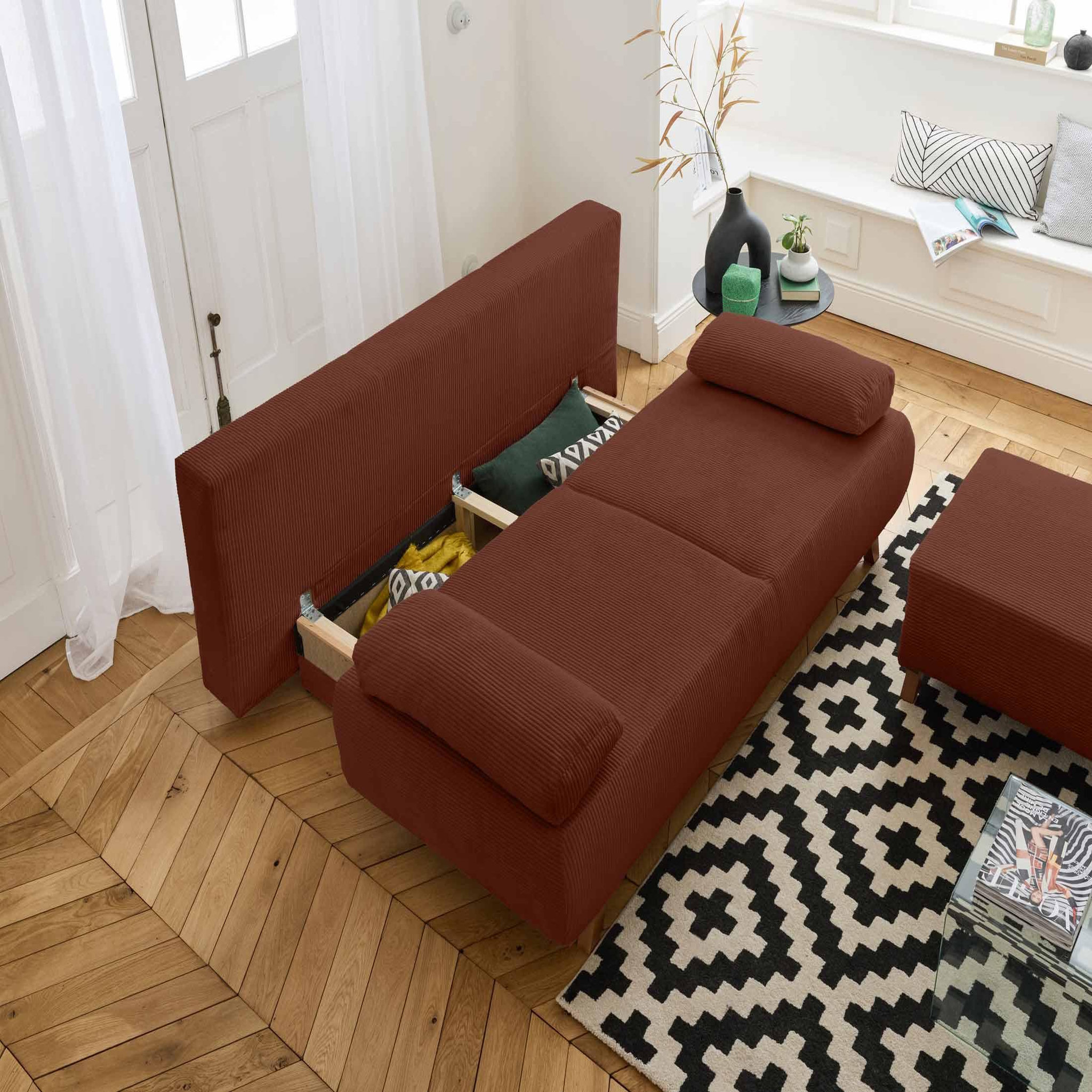 Voir la diapositive 3 : BEST MOBILIER Cristal - canapé 3 places - convertible avec coffre et pouf - en velours côtelé