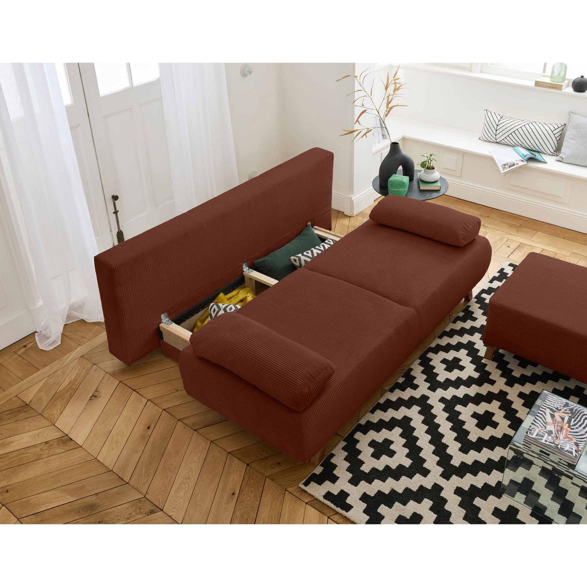 BEST MOBILIER Cristal - canapé 3 places - convertible avec coffre et pouf - en velours côtelé