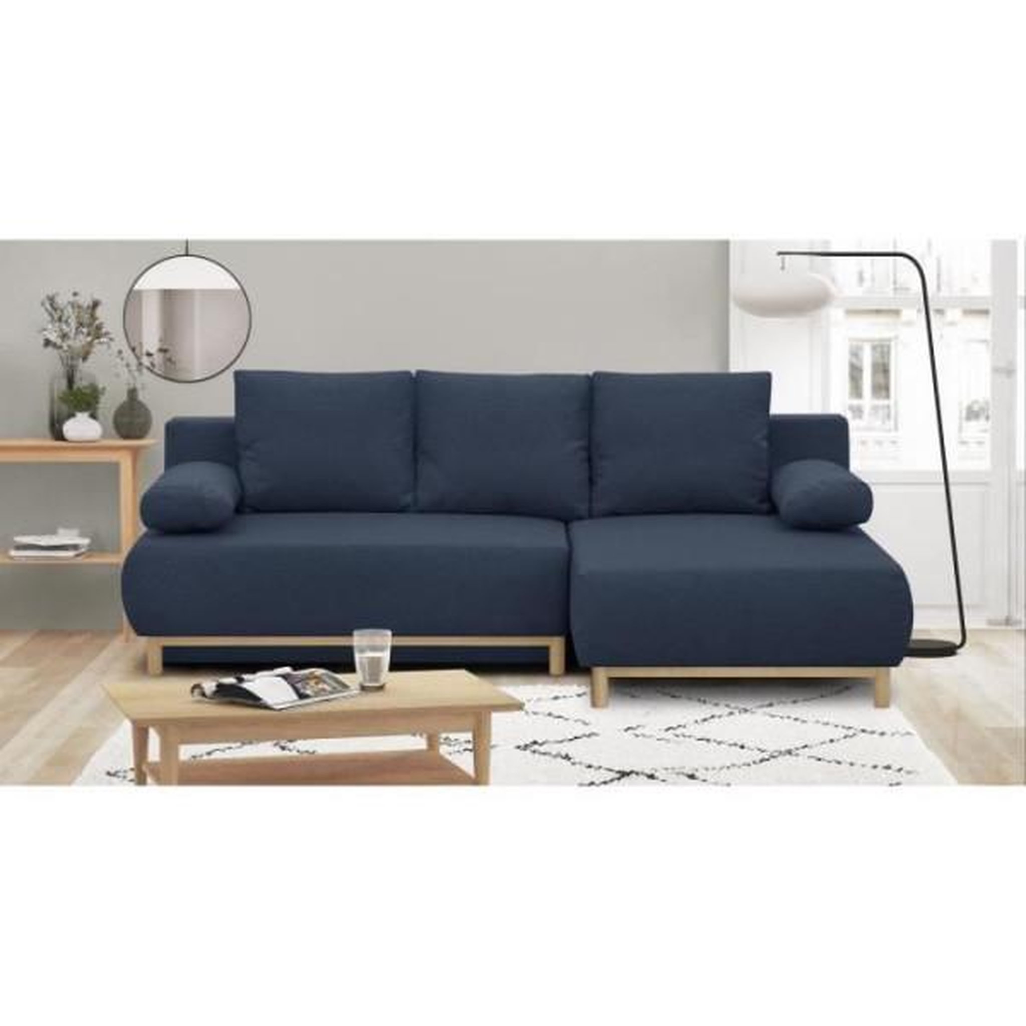 Voir la diapositive 2 : MARKET24 Canapé d'angle droit convertible MIKA 3 places - Tissu bleu foncé - Coffre de rangement - L218 x P98/145 x H84 cm